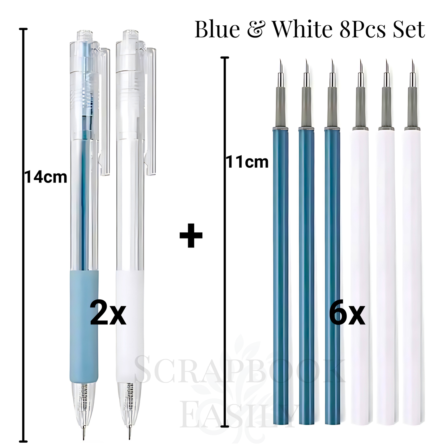 Blue & white 8-piece precision knife set for scrapbooking, including two click knives with retractable blades & six fine blade knives in varying shades of blue & pearl white, ideal for detailed paper cutting & craft projects, available for online purchase.