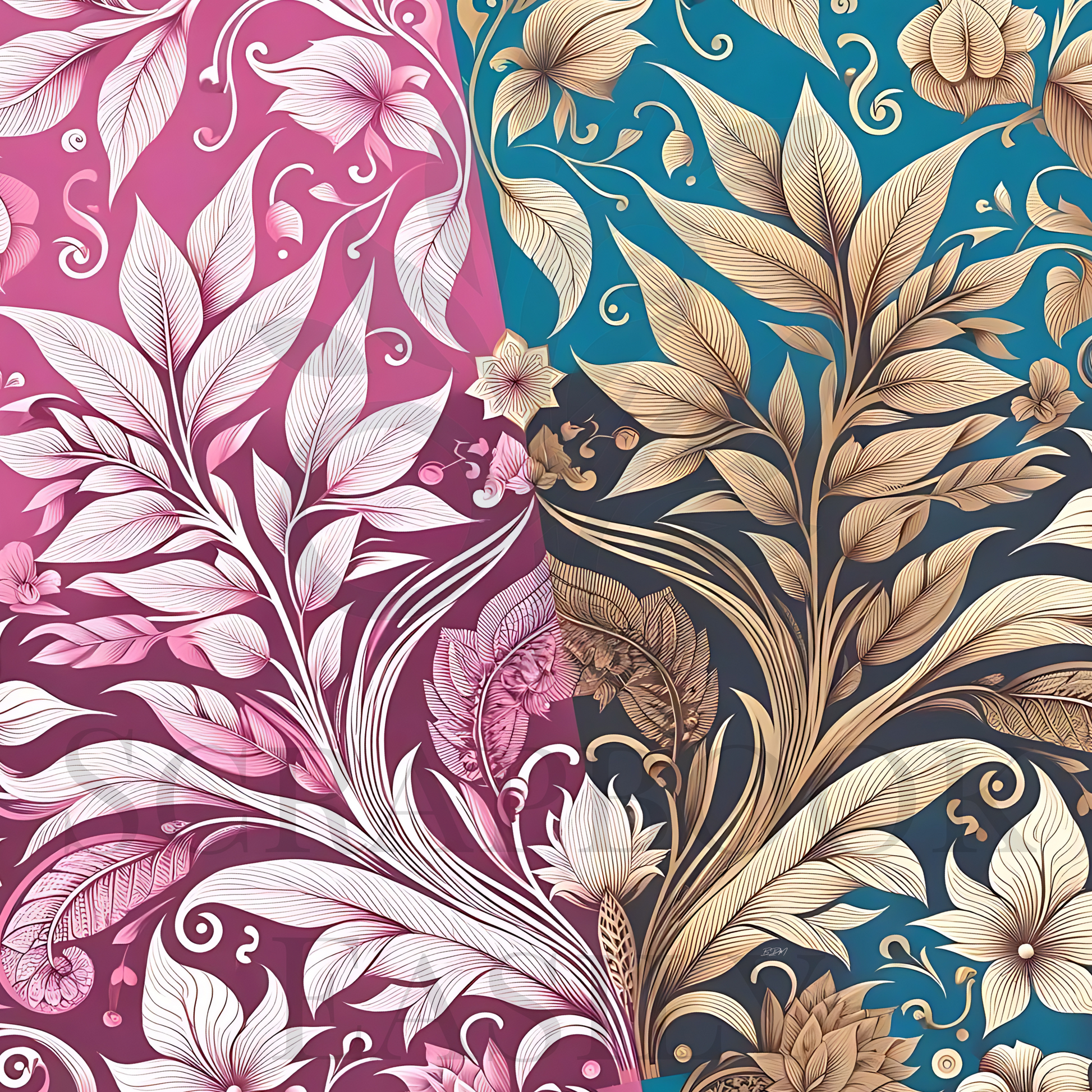 Exquisite background papers with vibrant botanical patterns in magenta & blue, designed for use in scrapbooking & crafting projects. Available exclusively at Scrapbook Easily.