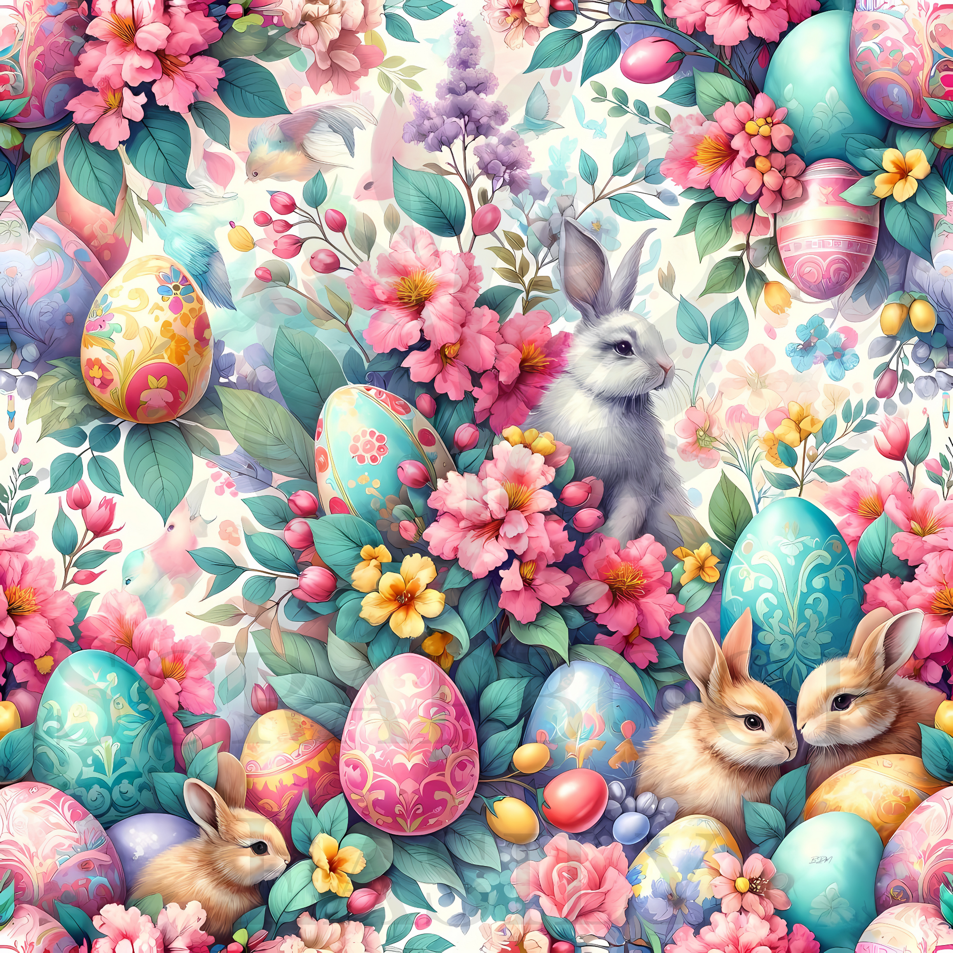 Exquisite Easter-themed digital background paper featuring pastel-coloured eggs & vibrant flowers with playful bunnies, ideal for scrapbooking at Scrapbook Easily.