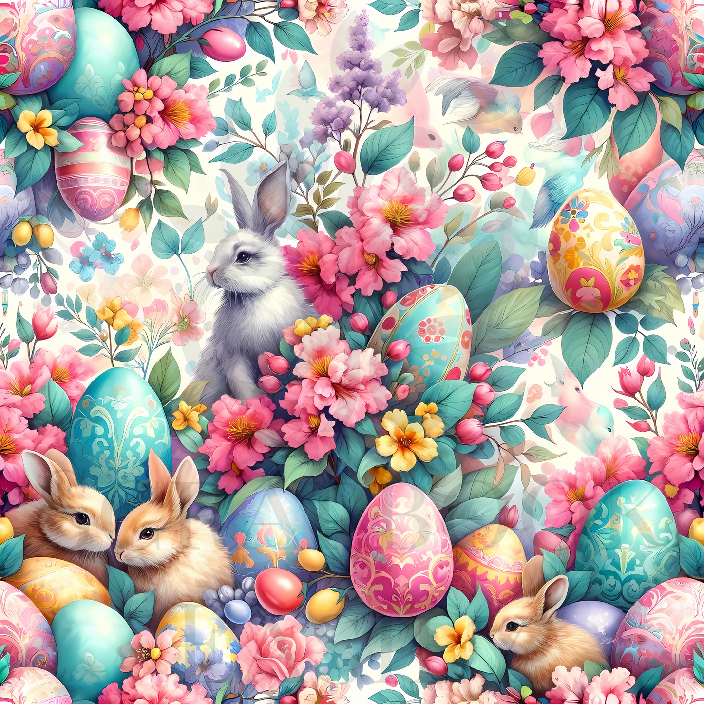 Charming scrapbooking artwork from Bunnies & Eggs 1 with colourful Easter eggs nestled among spring blooms & adorable rabbits, available at www.scrapbookeasily.com.