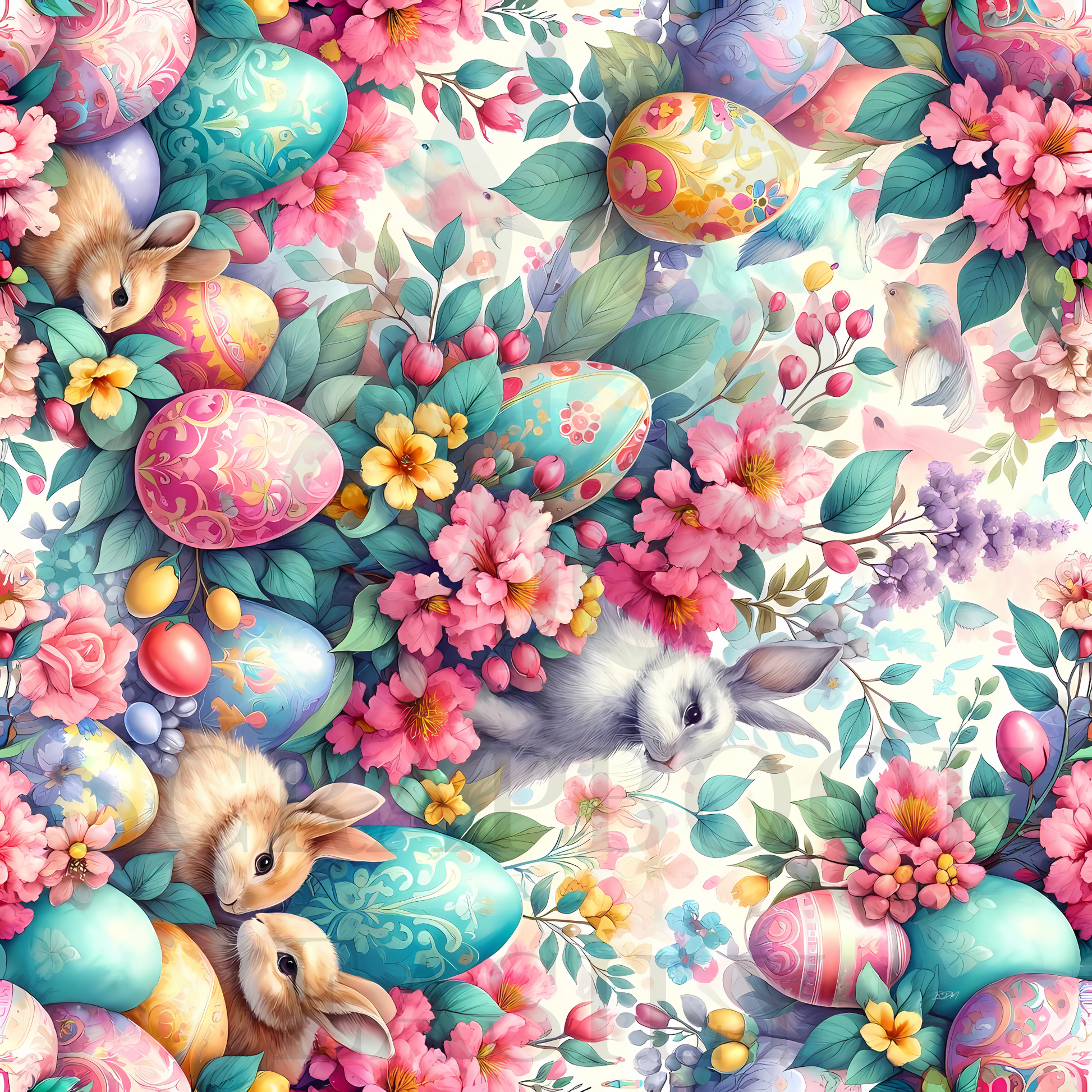 Delightful Easter digital background showcasing an array of decorated eggs, fresh flowers, & young rabbits, perfect for seasonal scrapbooking projects at Scrapbook Easily.