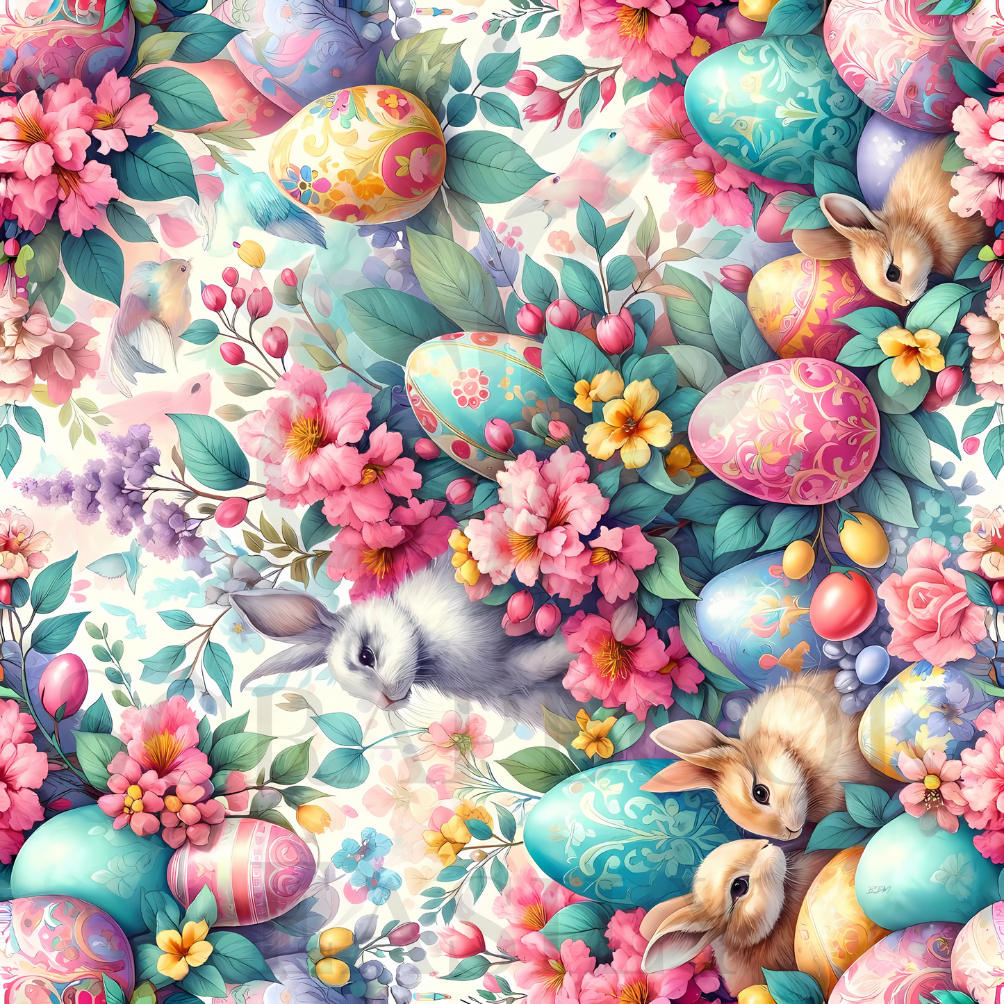 Vibrant Easter scrapbooking paper from Bunnies & Eggs 1, featuring detailed floral patterns & festive eggs accompanied by fluffy bunnies, exclusively at www.scrapbookeasily.com.