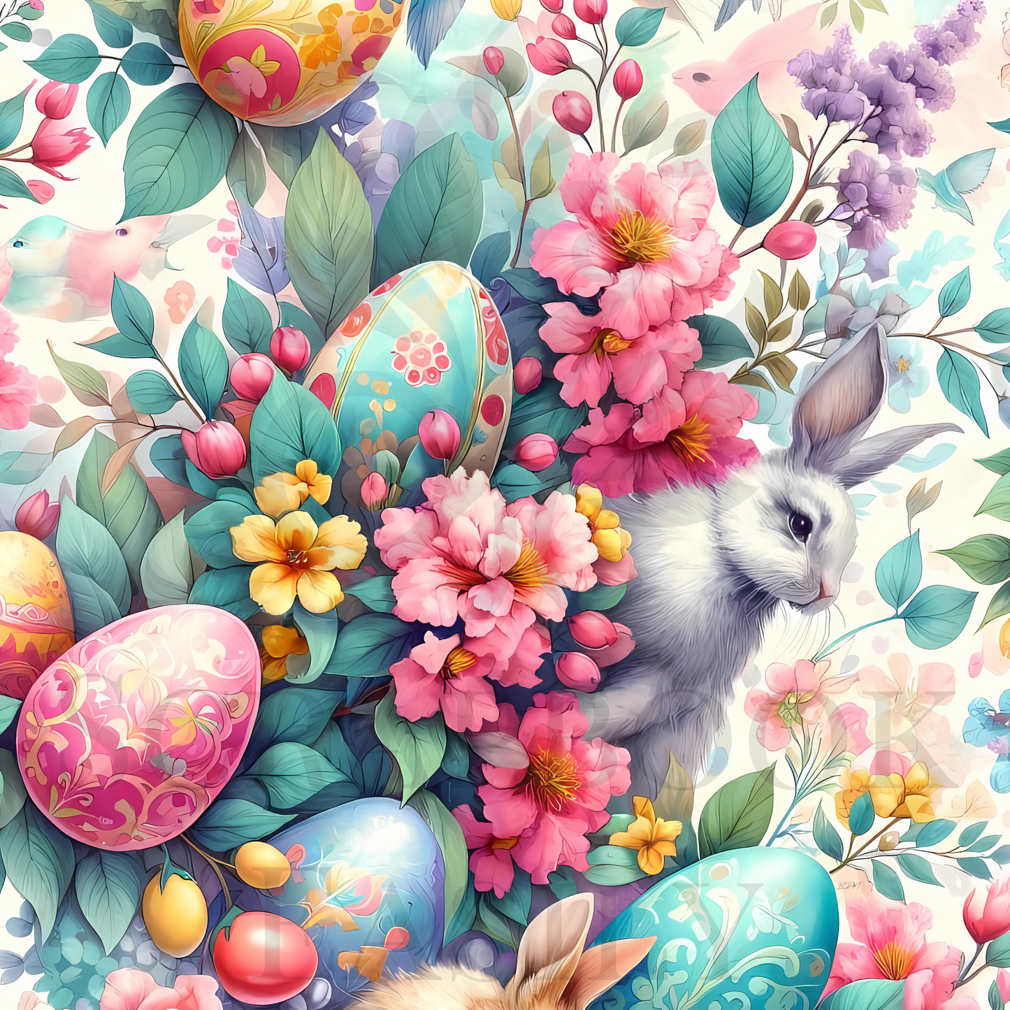 Bunnies & Eggs 1 digital background paper, filled with ornate Easter eggs & spring flowers alongside cute rabbits, ideal for crafting at Scrapbook Easily.