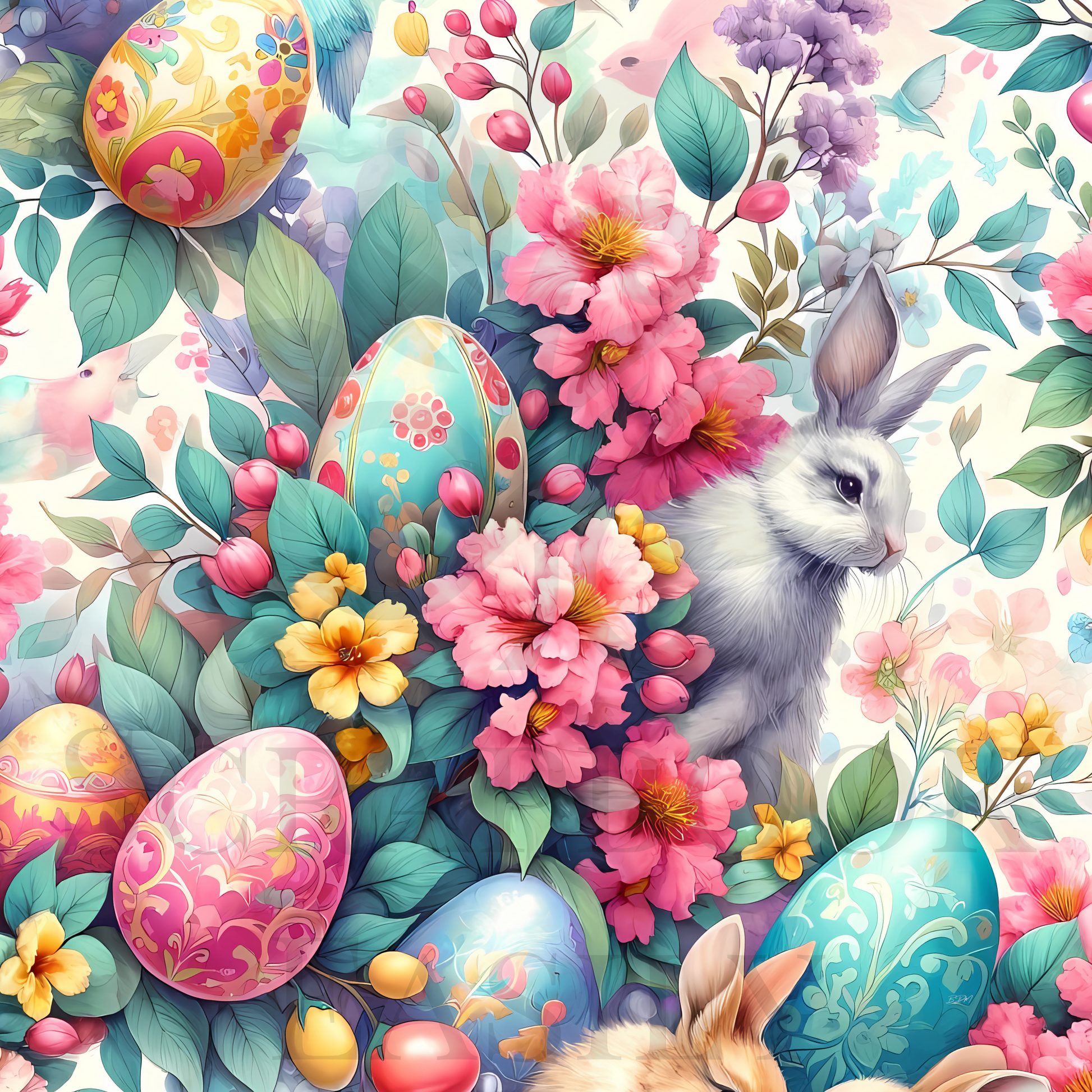 Colourful & joyful Easter-themed scrapbooking background from Bunnies & Eggs 1, displaying a mix of decorated eggs & playful bunnies among flowers, available at www.scrapbookeasily.com.