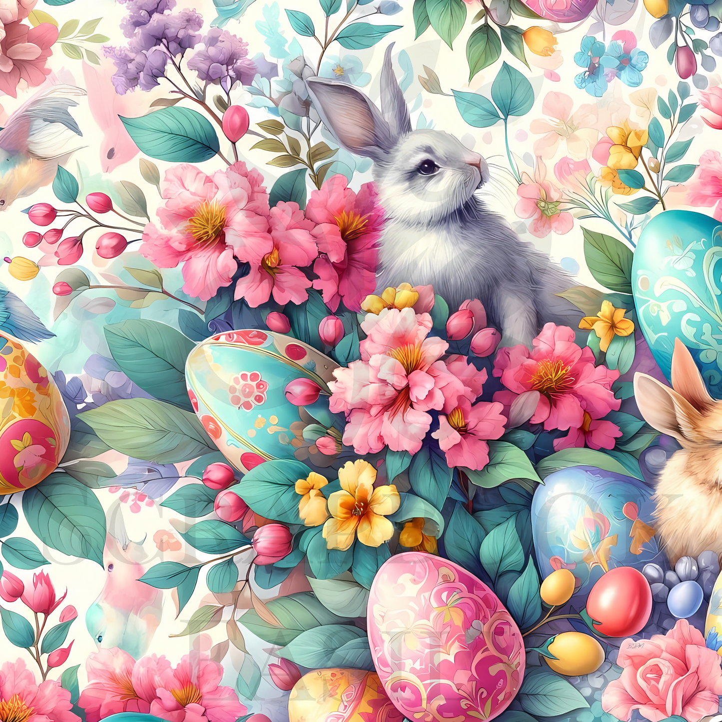 Lush Easter digital background featuring beautifully adorned eggs, vibrant florals, & charming bunnies, perfect for enhancing any scrapbook at Scrapbook Easily.