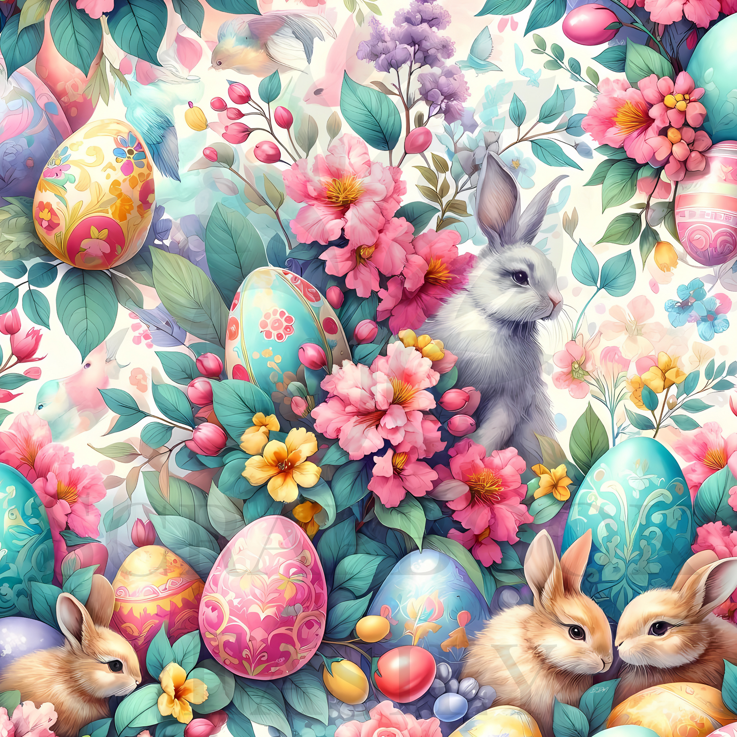 Artistic Easter scrapbooking background from Bunnies & Eggs 1 with a pastel palette of eggs, bunnies, & blooming flowers, exclusively available at www.scrapbookeasily.com.