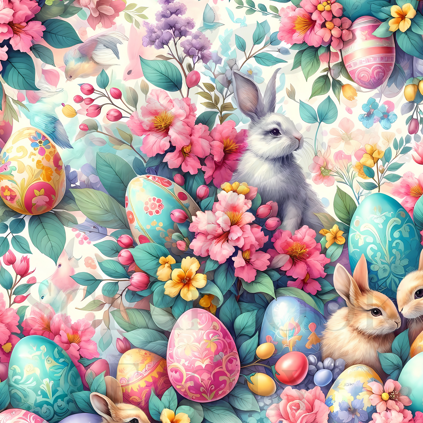 Festive & floral Easter-themed digital paper from Bunnies & Eggs 1, ideal for scrapbooking, showcasing a harmonious blend of bunnies, eggs, & flowers at Scrapbook Easily.