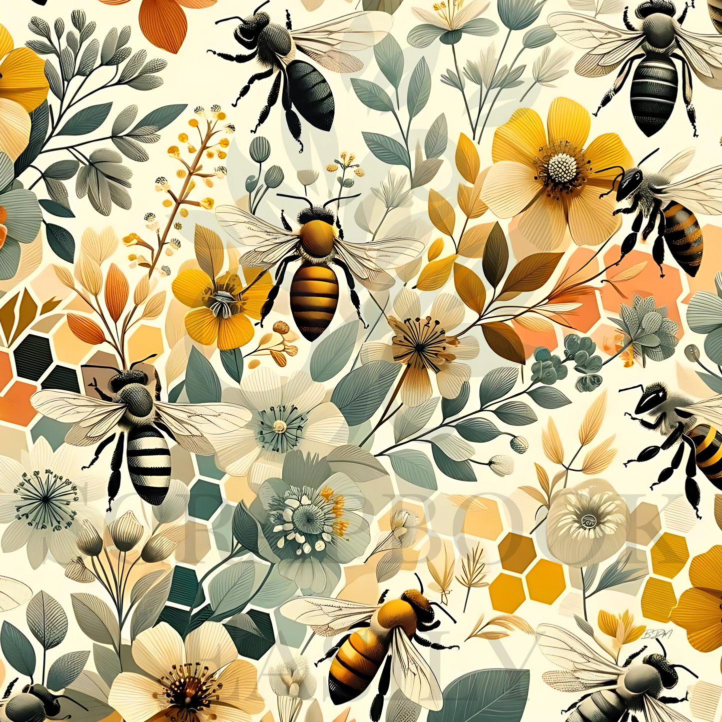 Free Download! Decorative watercolor floral & bee background, high-resolution for print-at-home scrapbook enthusiasts.