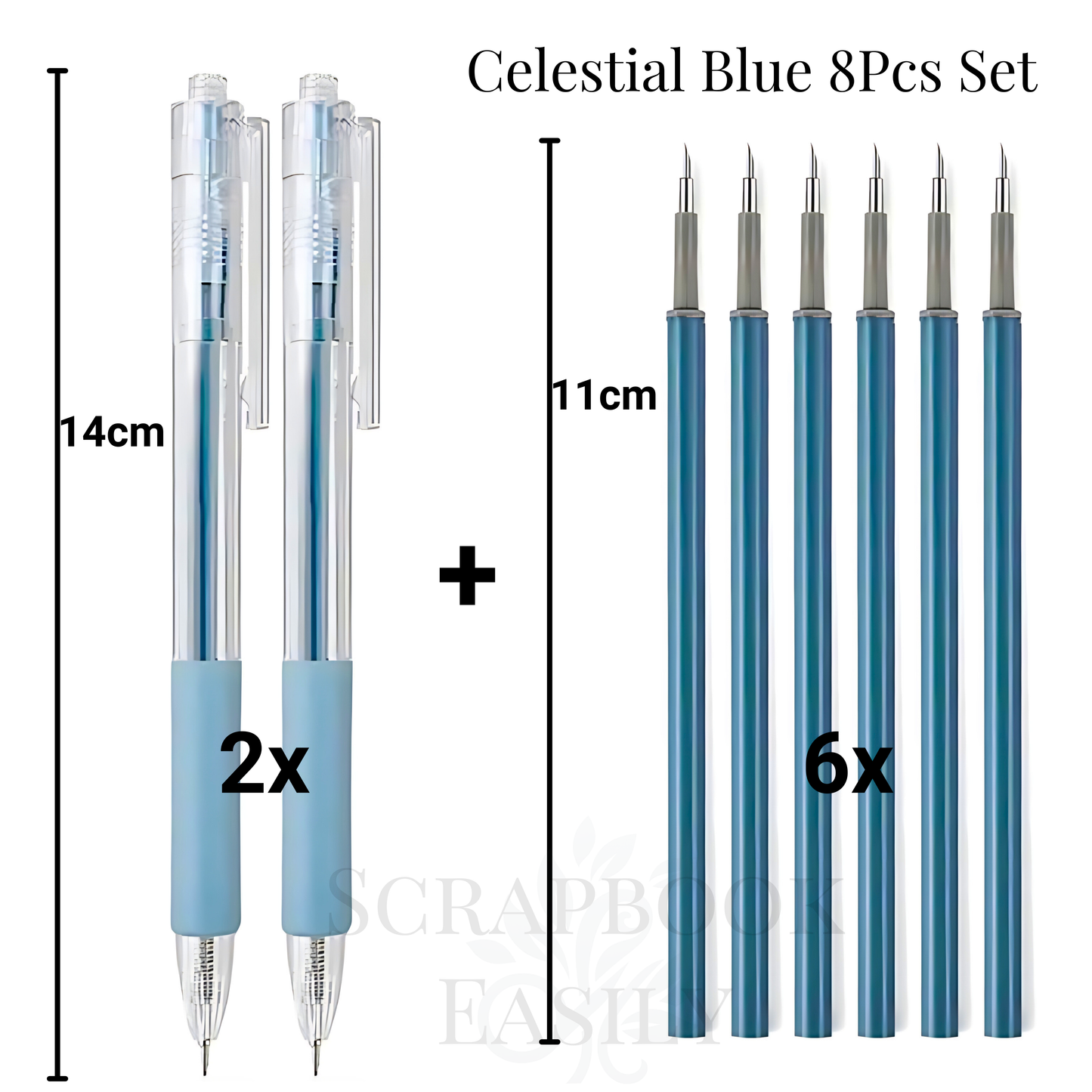 Celestial Blue 8-piece set of craft knives, including two retractable pen knives with light blue handles & six metal blue refill blades, perfect for precision cutting tasks in scrapbooking & crafting projects, available for online purchase.