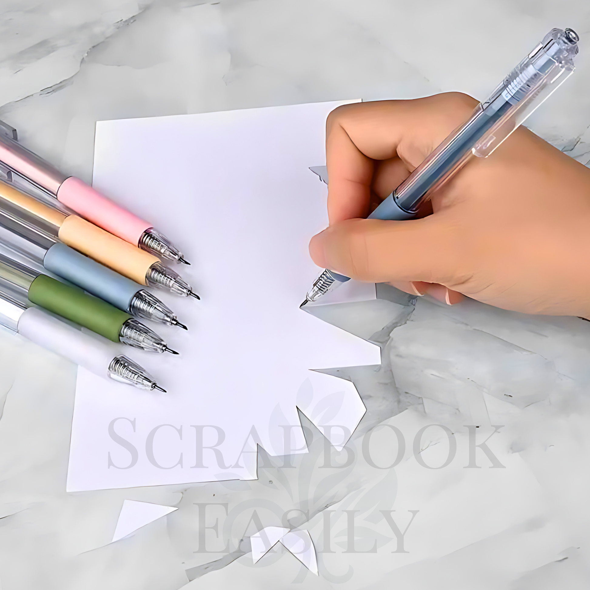 Using a precision craft knife pen on a white paper, surrounded by a selection of pastel-colored craft knife pens, ideal for intricate paper cutting for scrapbooking & crafting projects, available for online purchase.