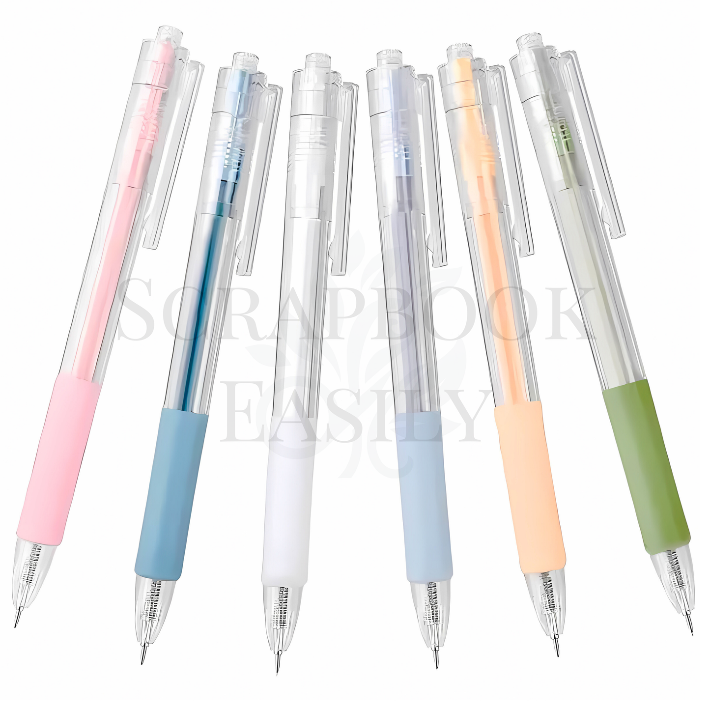 Elegant array of retractable precision craft knife pens displayed in a fan pattern, featuring transparent & coloured handles in white, blue, sunbeam, & green, ideal for accurate cutting & detailed work in scrapbooking & crafting projects, available for online purchase.