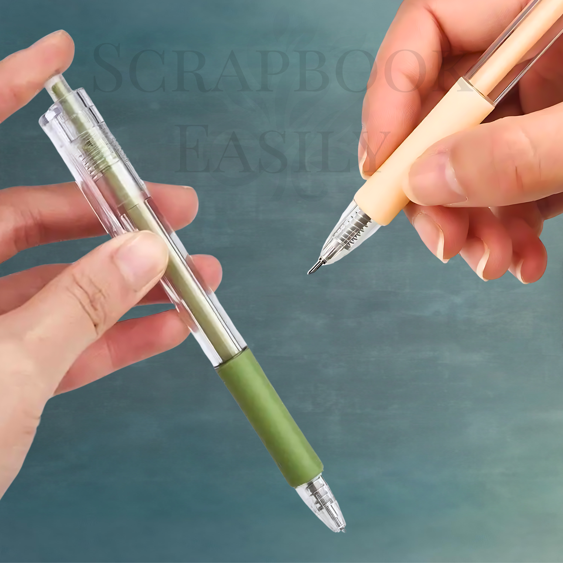 Close-up of demonstrating precision craft knife pens, one sage green & one golden peach, designed for meticulous paper cutting essential for scrapbooking & crafting, available for online purchase.