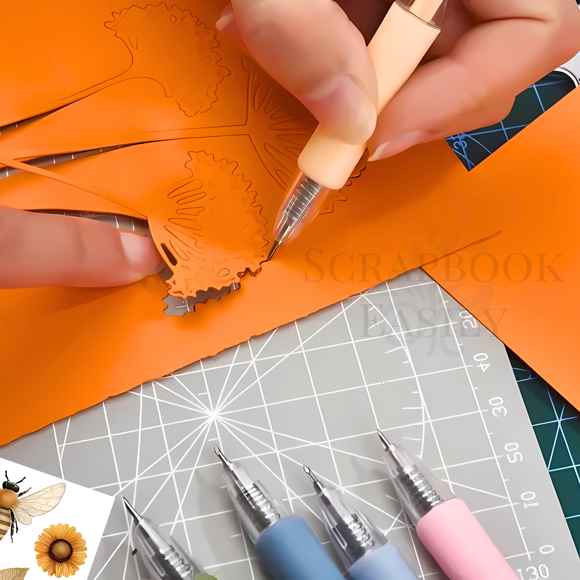 Close-up of skillfully using a craft knife pen to cut out a detailed floral design on vibrant orange paper, displayed on a cutting mat alongside other craft knife pens in blue, gray, & pink, ideal for intricate scrapbooking projects, available for online purchase.