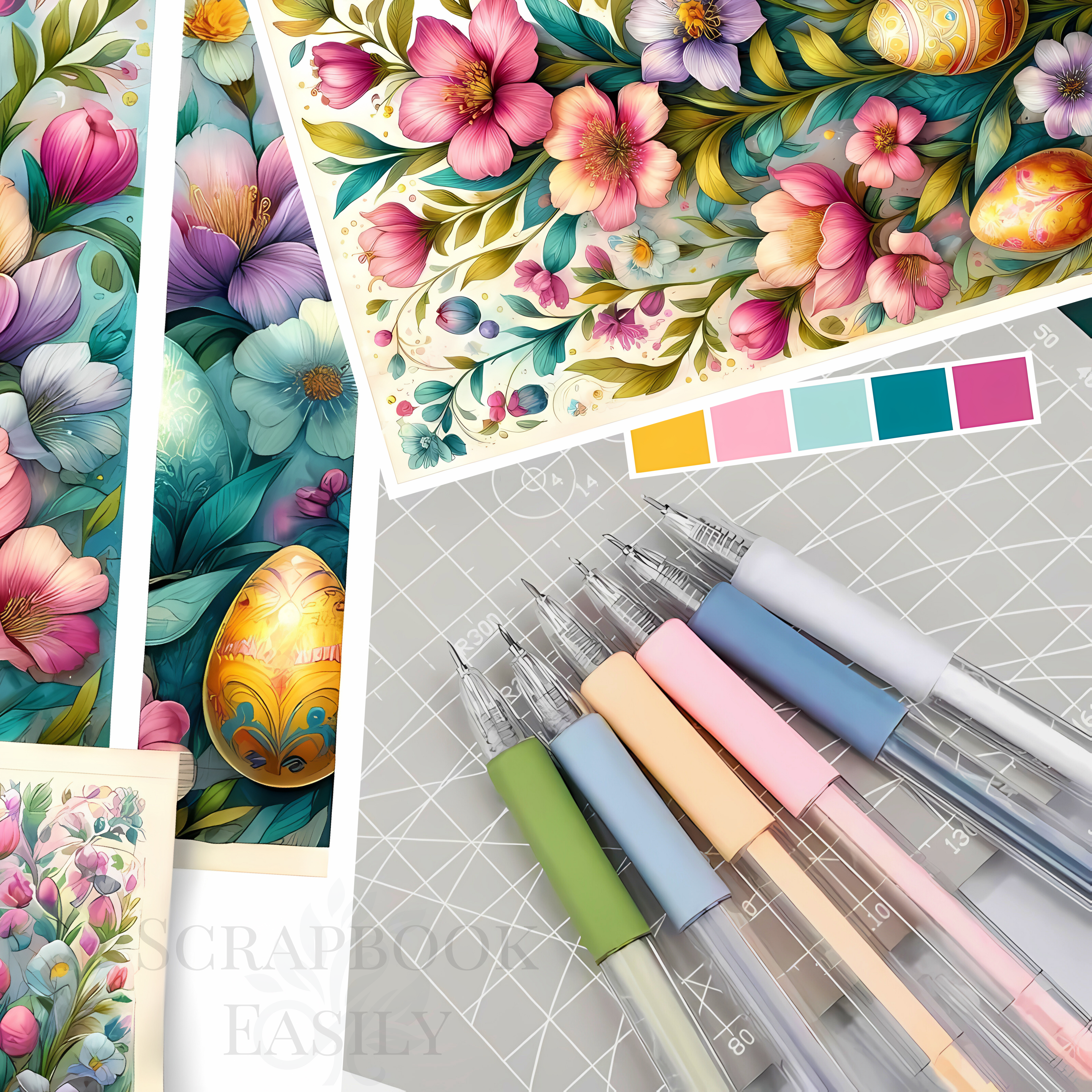 Vibrant collection of Scrapbook Easily's floral scrapbooking ephemera, alongside a set of precision craft knife pens in soft colours. Ideal for detailed cutting & decorative projects in scrapbooking, available for online purchase.