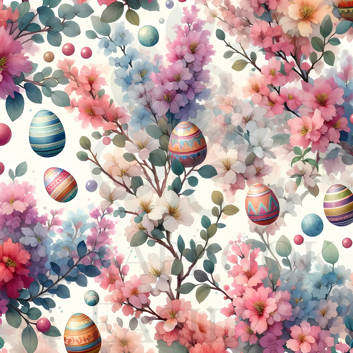 Easter-themed scrapbook paper with vibrant flowers & eggs. Download & print from Scrapbook Easily. Add a touch of spring to your projects with this beautiful design. www.scrapbookeasily.com