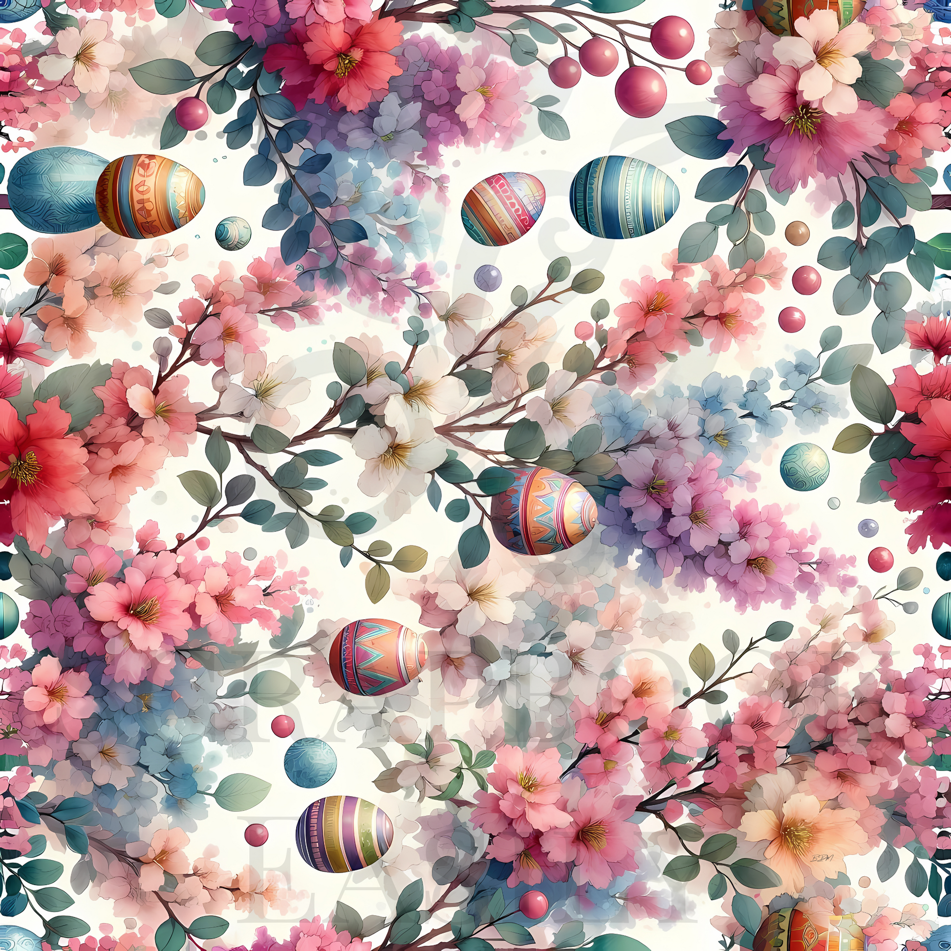 Easter-themed scrapbook paper featuring eggs & crepe myrtle flowers. Download & print for your creative projects from Scrapbook Easily. Beautiful pastel blooms & colourful eggs to brighten any scrapbook. www.scrapbookeasily.com