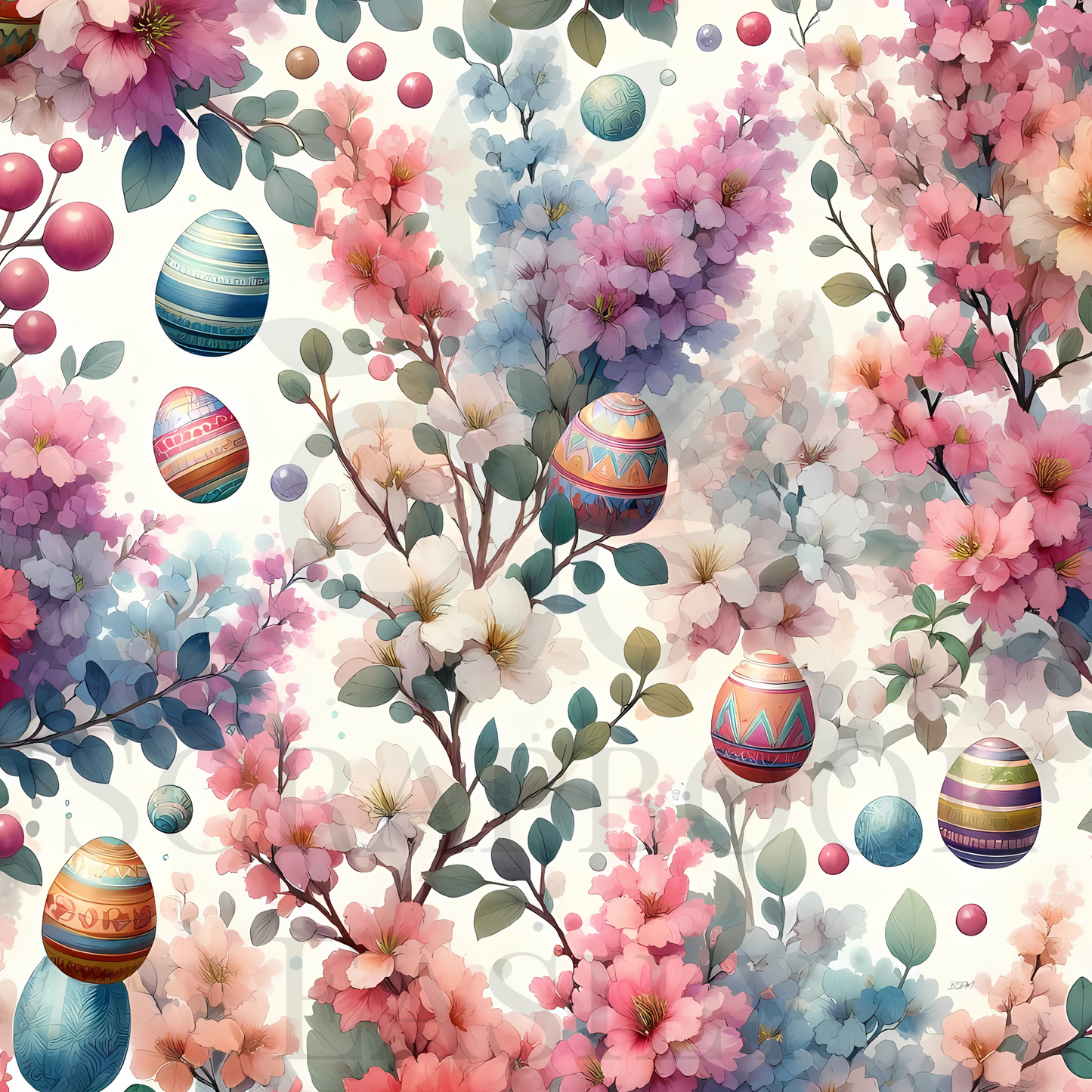 Floral Easter scrapbook paper with decorated eggs. Perfect for digital & print projects from Scrapbook Easily. Beautiful pastel flowers & colourful eggs for your creative needs. www.scrapbookeasily.com