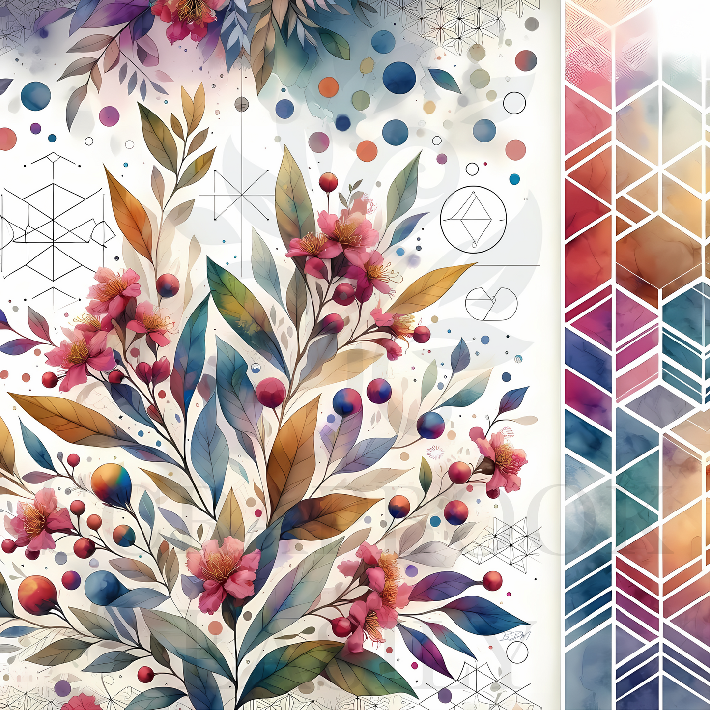 Lush digital floral display against a backdrop of geometric lines; ideal for print & download at Scrapbook Easily for elegant scrapbooking layouts.