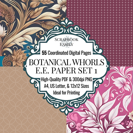 Regal Paper Set featuring 55 digitally coordinated pages with rich, detailed botanical & floral patterns, perfect for scrapbooking projects. Available in high-quality PDF & 300dpi PNG formats, suitable for A4, US Letter, & 12x12 printing. Enhance your home or professional crafts with luxurious designs from Scrapbook Easily, your online resource for premium scrapbooking materials. Visit us at www.scrapbookeasily.com for more.