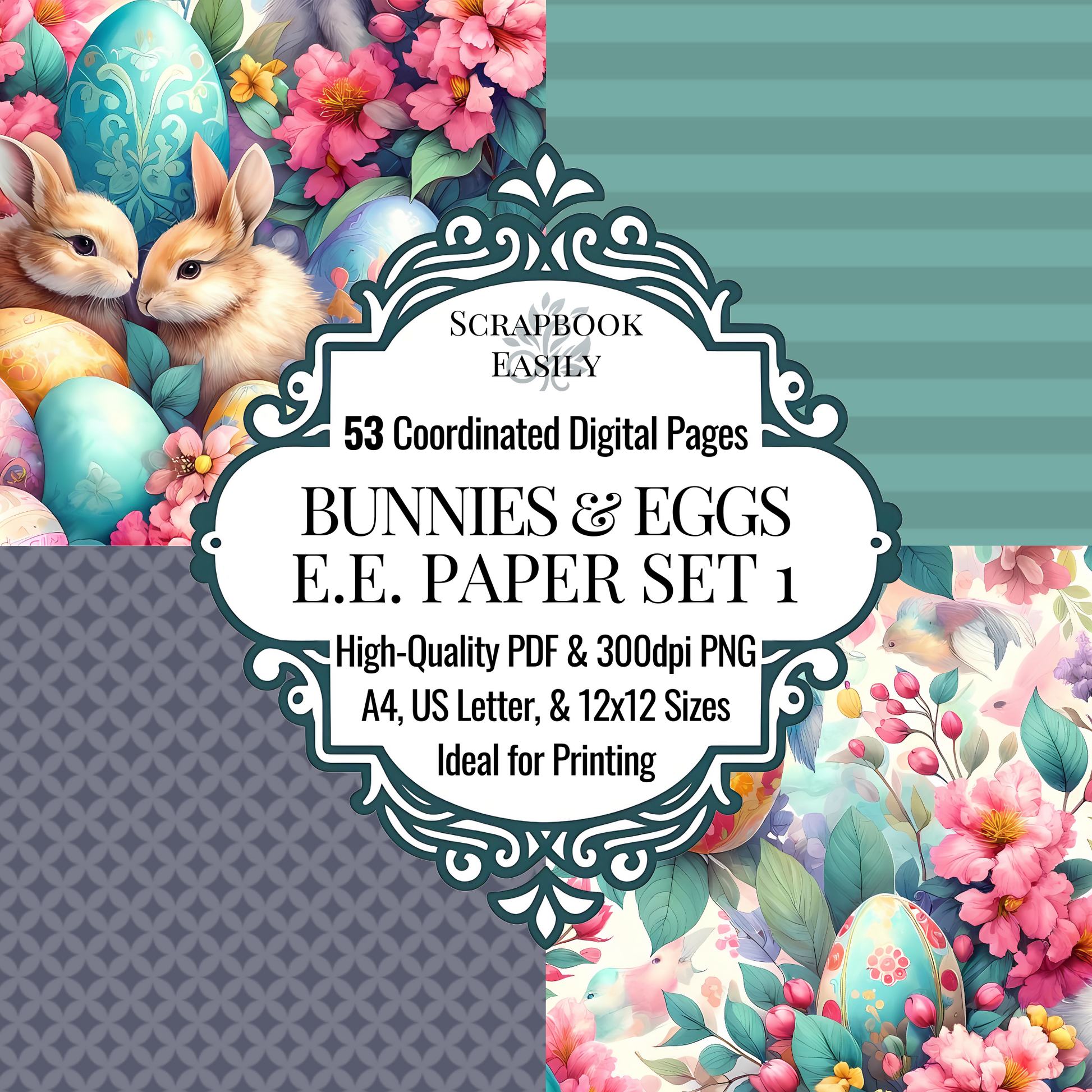 Explore the whimsical Paper Set from Scrapbook Easily, featuring 53 coordinated digital pages filled with vibrant florals, adorable bunnies, & decorated eggs. Available in high-quality PDF & 300dpi PNG formats, perfectly sized for A4, US Letter, & 12x12 printing. Ideal for creating enchanting scrapbook layouts, Easter crafts, or spring-themed projects, suitable for both home & professional printing.