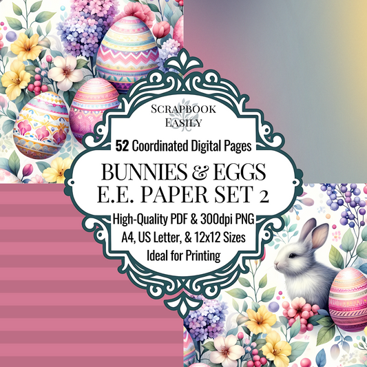 Discover the pastel Paper Set at Scrapbook Easily, featuring 52 digital pages adorned with soft pastel flowers, decorated eggs, & a charming bunny. This collection is perfect for Easter & spring projects, available in high-quality PDF & 300dpi PNG formats, suitable for A4, US Letter, & 12x12 sizes. Ideal for both home & professional printing, ensuring vibrant, seasonal scrapbooking & crafting.