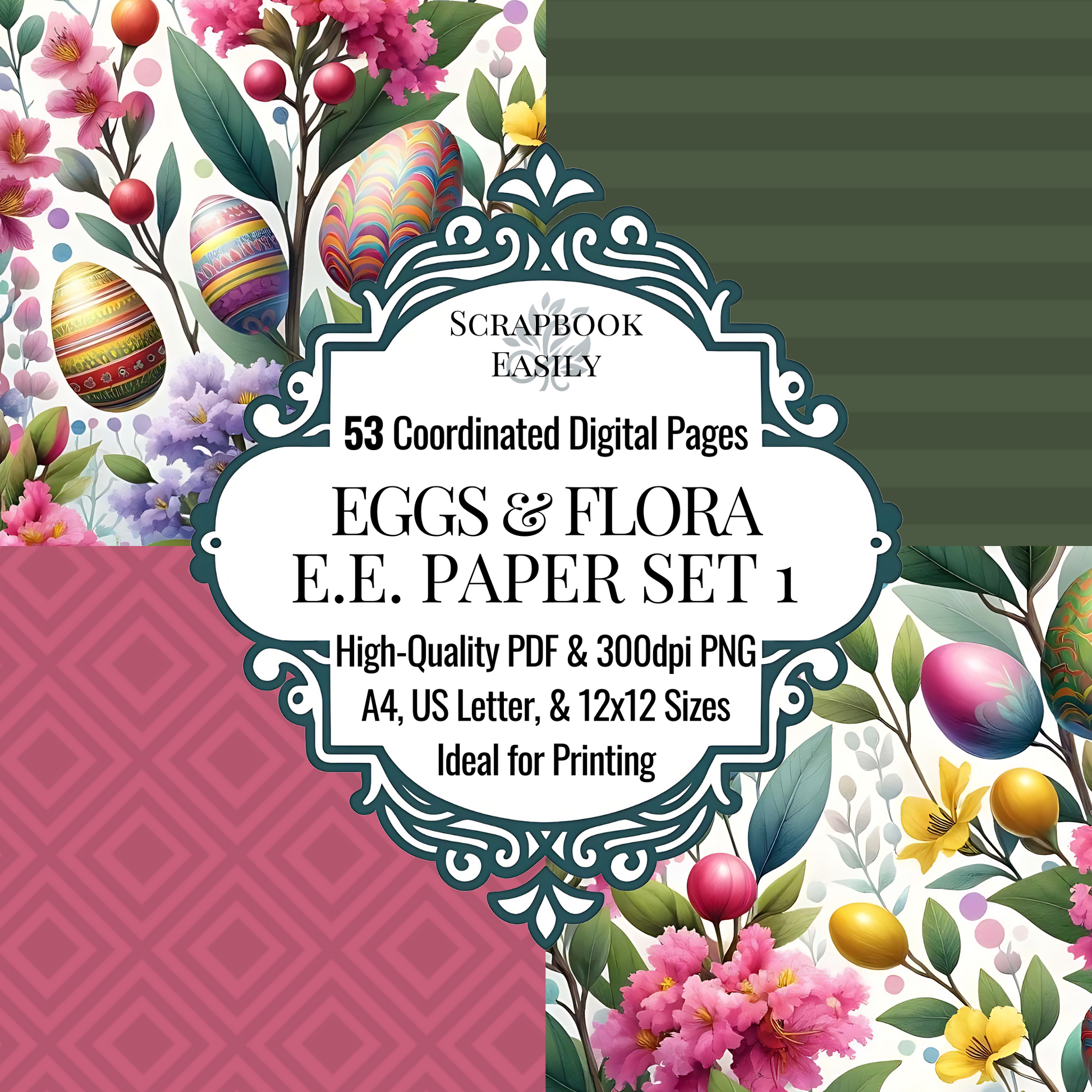 Bright Paper Set from Scrapbook Easily offers 53 coordinated digital pages, bursting with colourful floral designs & festive Easter eggs. These pages are ideal for both home & professional crafting, available in high-quality PDF & 300dpi PNG formats. Perfect for A4, US Letter, & 12x12 printing sizes, this set is designed to bring vibrancy & energy to your springtime projects.