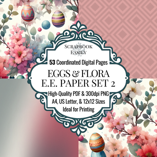 Graceful Paper Set by Scrapbook Easily features 53 coordinated digital pages, adorned with delicate floral patterns & elegant Easter egg designs. Available in high-quality PDF & 300dpi PNG formats, perfectly suited for printing in A4, US Letter, & 12x12 sizes. This collection is ideal for home & professional printing, enhancing any spring-themed scrapbooking or crafting project.