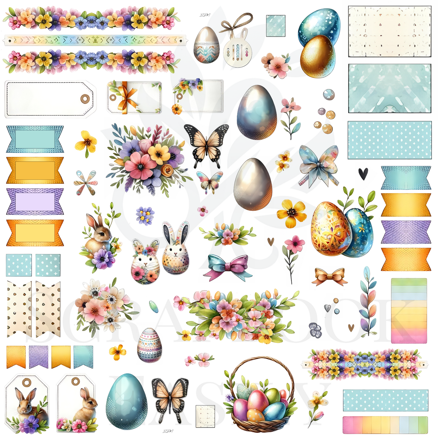 Discover an array of Easter crafting elements from Scrapbook Easily, including multi-coloured eggs, floral clusters, & patterned ribbons for creative designs.