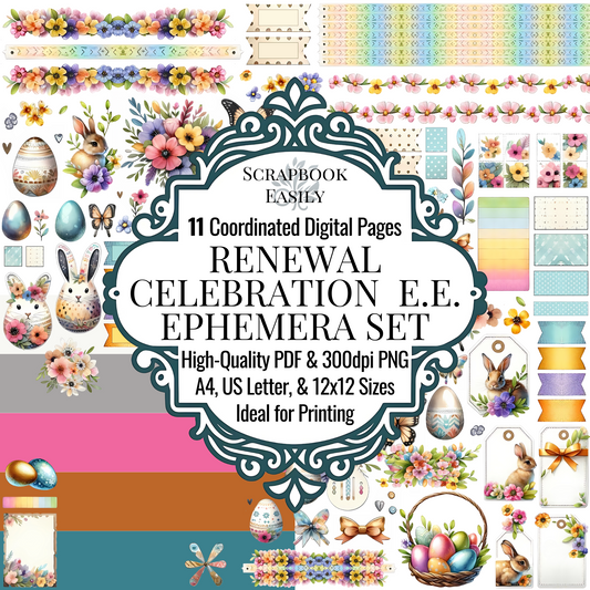 Explore the Renewal Celebration Ephemera Set at Scrapbook Easily, featuring 11 digital pages of vibrant Easter motifs, perfect for festive scrapbooking. Visit www.scrapbookeasily.com for high-quality downloads.