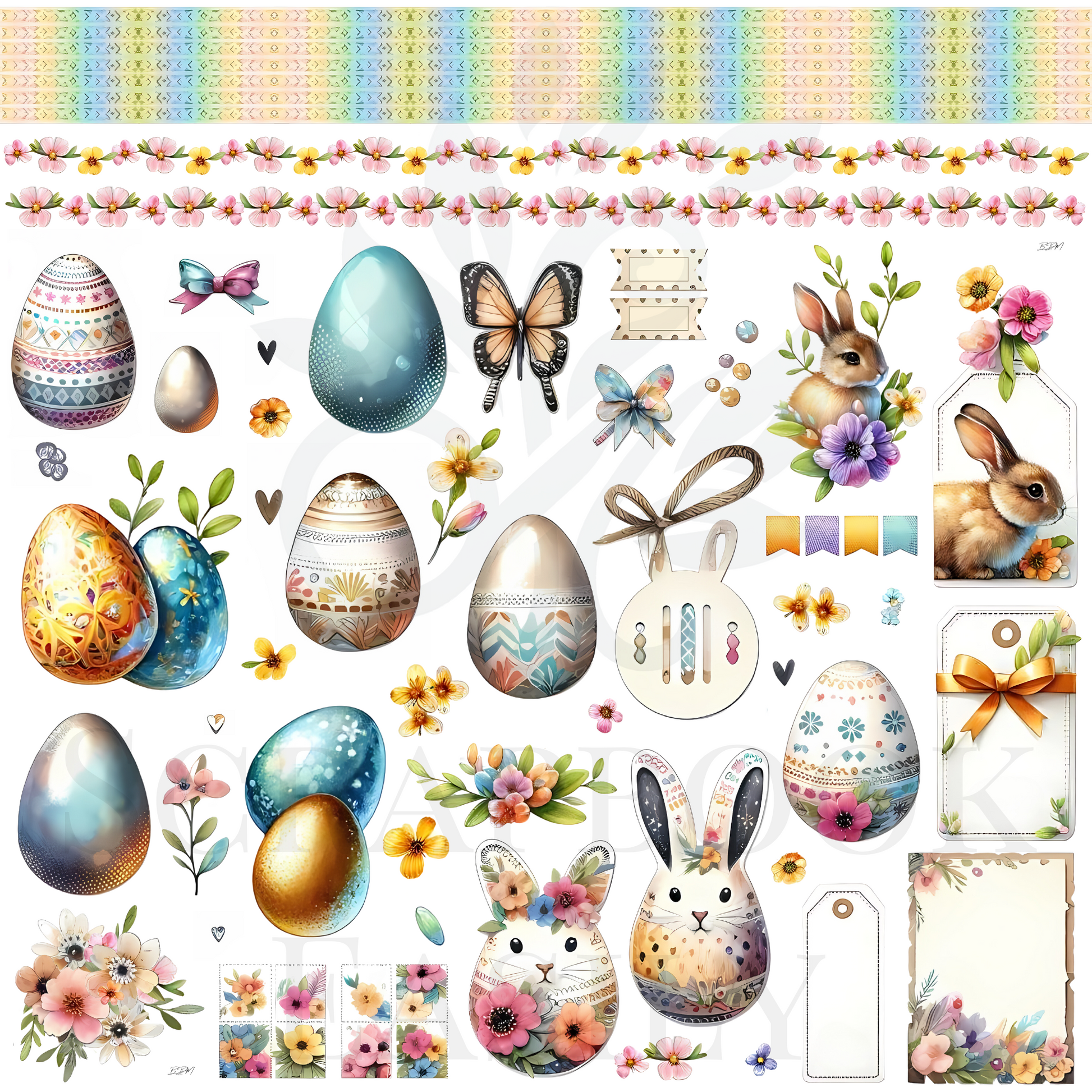 Explore Scrapbook Easily's Easter collection with pastel eggs, delicate butterflies, & floral patterns ideal for festive scrapbooking projects.