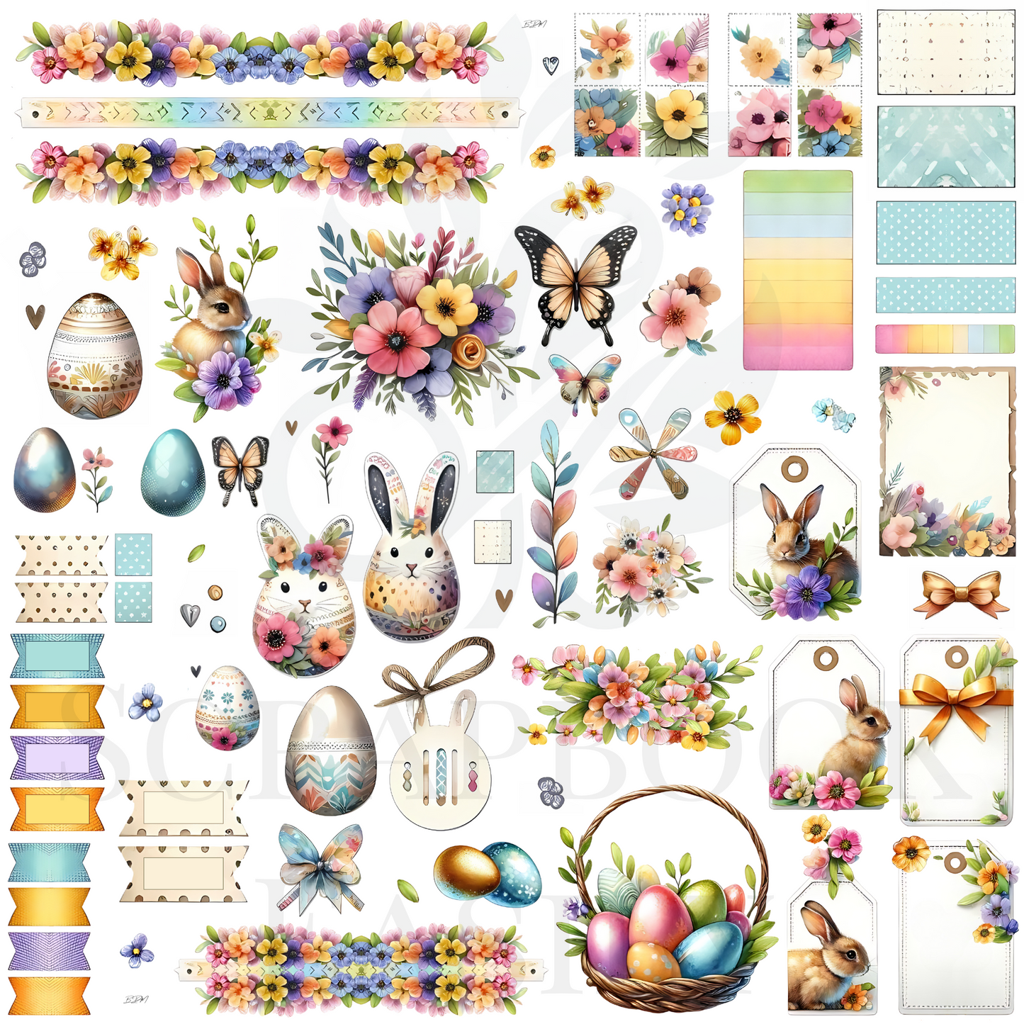 Scrapbook Easily offers vibrant Easter-themed digital decorations featuring floral garlands, colourful eggs, and playful bunnies, perfect for spring crafts.