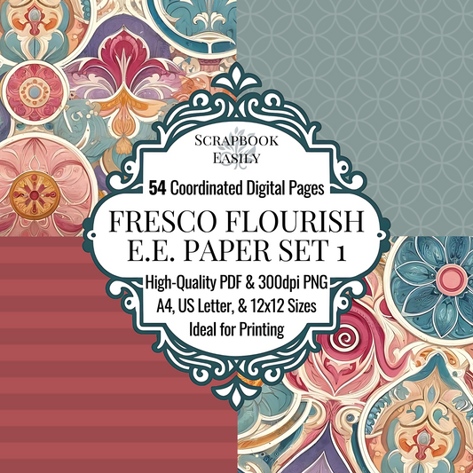 Elegant Paper Set from Scrapbook Easily includes 54 beautifully coordinated digital pages adorned with intricate fresco designs & swirl patterns. Ideal for adding a touch of sophistication to your scrapbooking projects, available in high-quality PDF & 300dpi PNG formats. Sized perfectly for A4, US Letter, & 12x12 printing. Enhance your creative works with our professional-grade materials at www.scrapbookeasily.com.