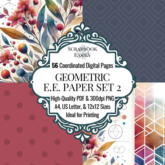 Vivid Paper Set by Scrapbook Easily features 56 digitally coordinated pages with rich, floral & geometric patterns in full bloom. Available in high-quality PDF & 300dpi PNG formats, these sheets are optimized for printing on A4, US Letter, & 12x12 sizes, making them ideal for both home & professional print uses, infusing vibrant visuals into any project.