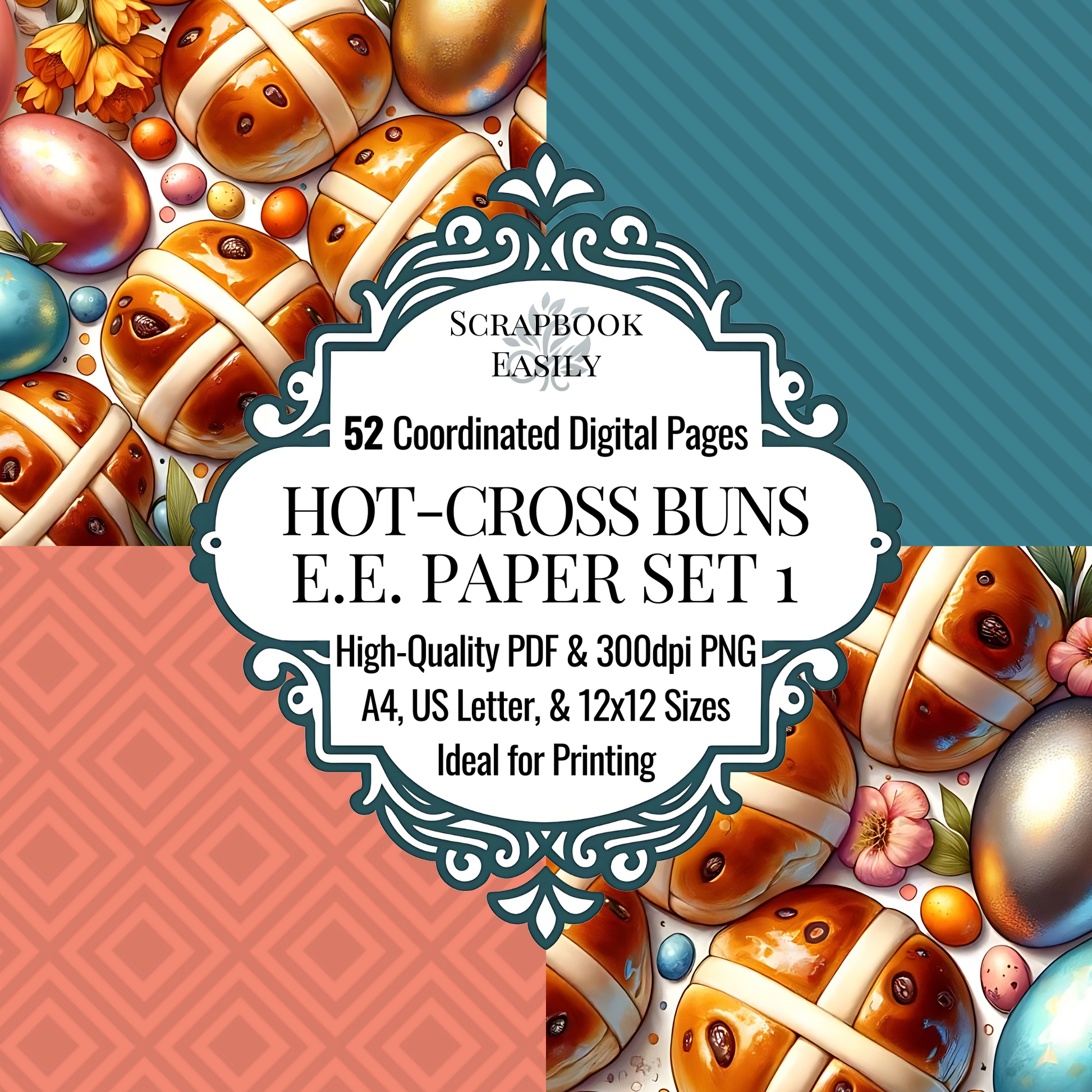 Joyous Paper Set from Scrapbook Easily offers 52 beautifully coordinated digital pages featuring festive designs with ornamental eggs & vibrant hot-cross buns, perfect for seasonal crafting. Available in high-quality PDF & 300dpi PNG formats, these printable sheets come in A4, US Letter, & 12x12 sizes, suitable for both home & professional printing. Explore more creative possibilities at www.scrapbookeasily.com.