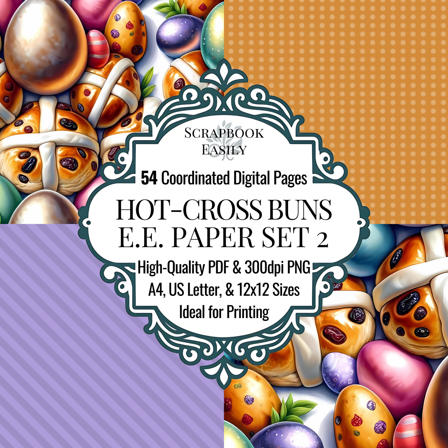 Jovial Paper Set from Scrapbook Easily features 54 digital pages with delightful Easter designs including colourful eggs & hot-cross buns. Perfect for festive crafting, this set comes in high-quality PDF & 300dpi PNG formats, suitable for A4, US Letter, & 12x12 sizes. Ideal for both home & professional printing needs. Discover more at www.scrapbookeasily.com.