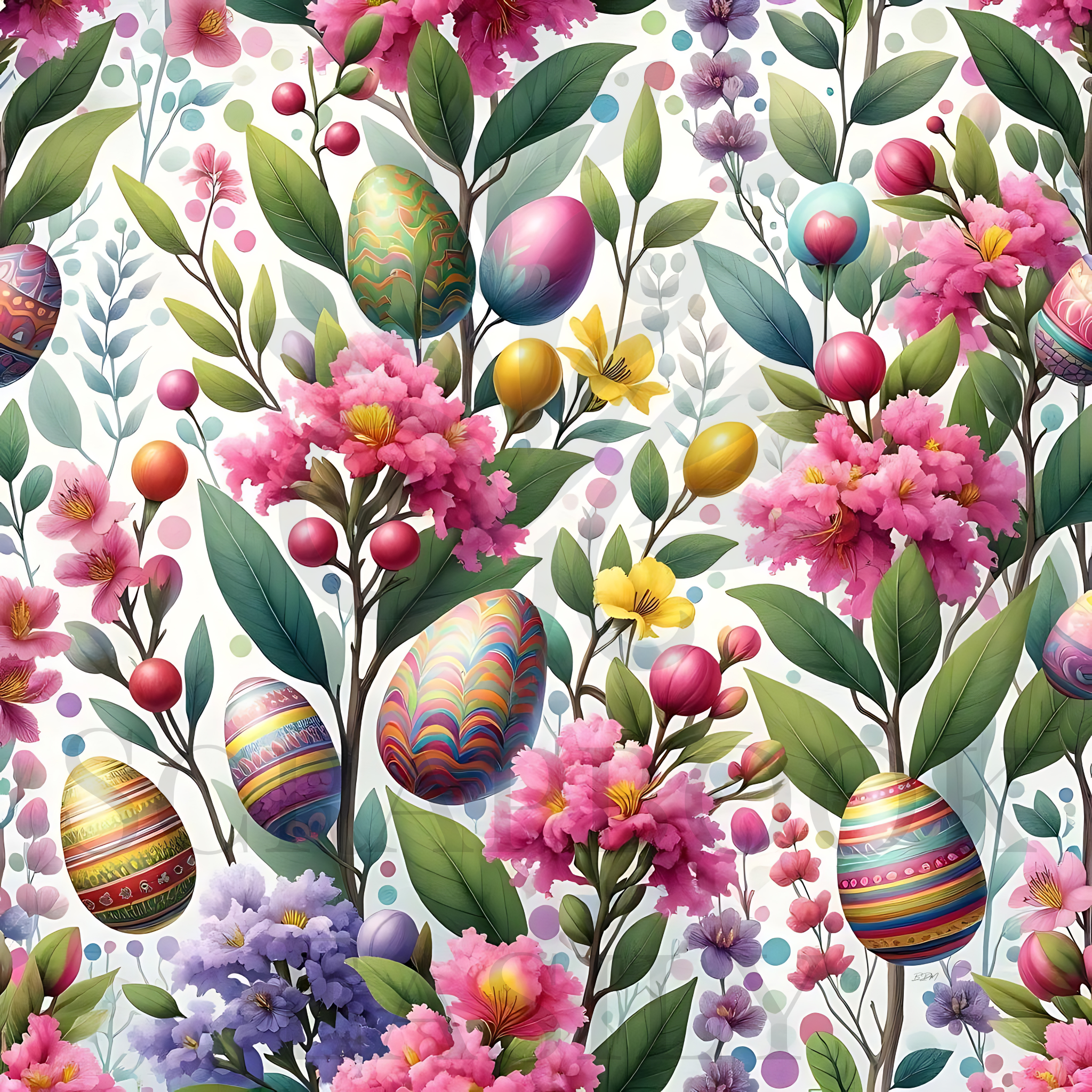 Colourful Easter artwork featuring pastel eggs & vibrant flora. Ideal for scrapbooking backgrounds & crafts. Download at Scrapbook Easily, www.scrapbookeasily.com.