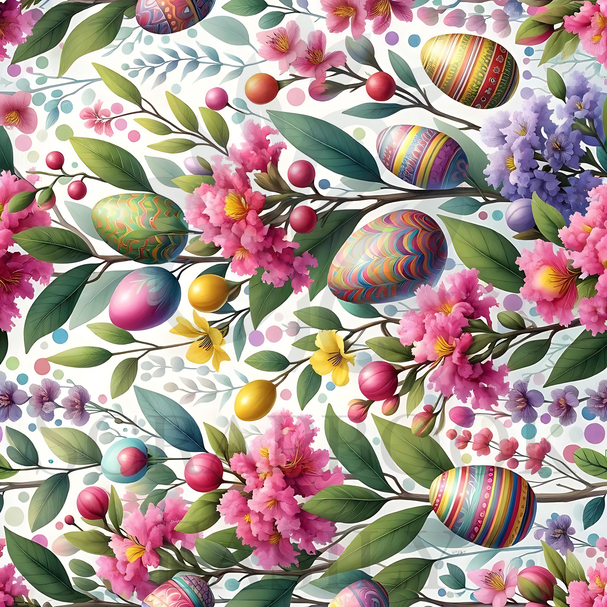 Easter scrapbooking paper with multicoloured eggs & lush flowers. High-quality print & download at Scrapbook Easily, www.scrapbookeasily.com.