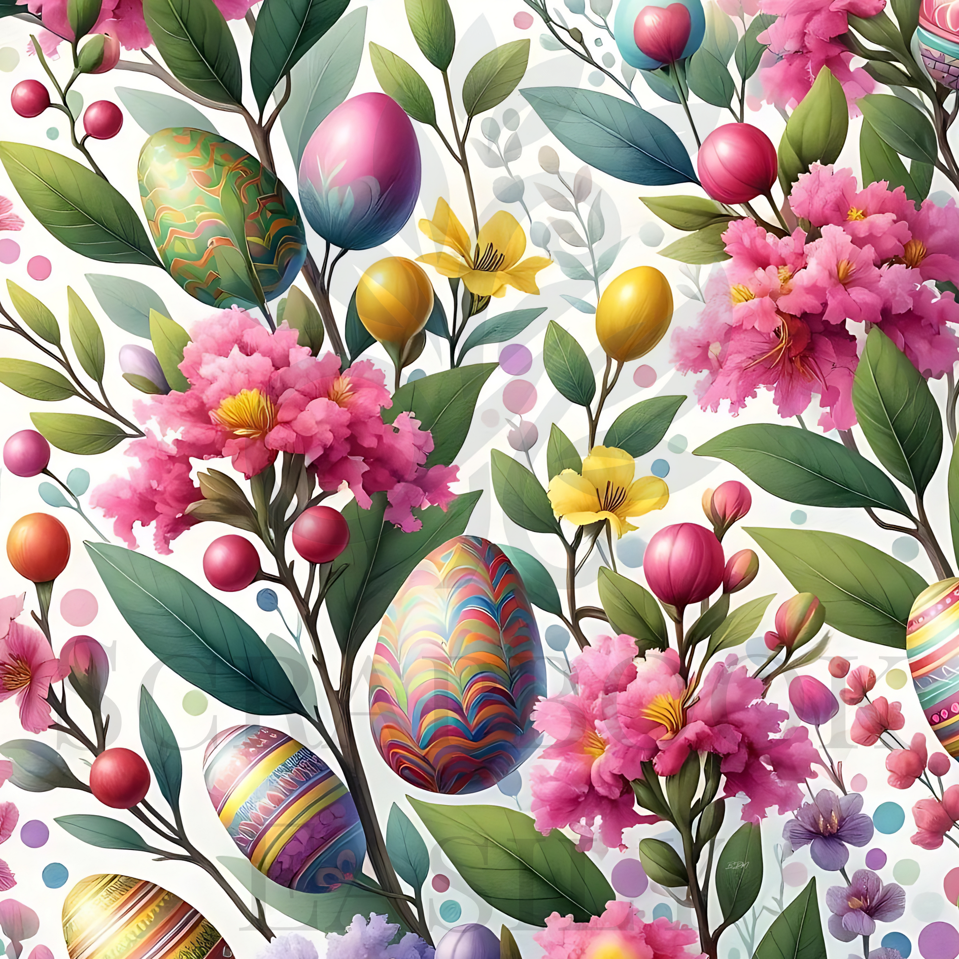 Artistic scrapbooking background with patterned Easter eggs & flowering branches. Visit Scrapbook Easily at www.scrapbookeasily.com for more.