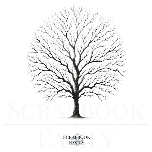 Digital artwork of an English Oak Tree from Scrapbook Easily, ideal for nature-themed decor, educational projects, crafting, & scrapbooking. This detailed black & white illustration serves as a stunning backdrop or focal point, &can be personalised with watercolour pencils or transformed into a unique fingerprint tree art for special events.