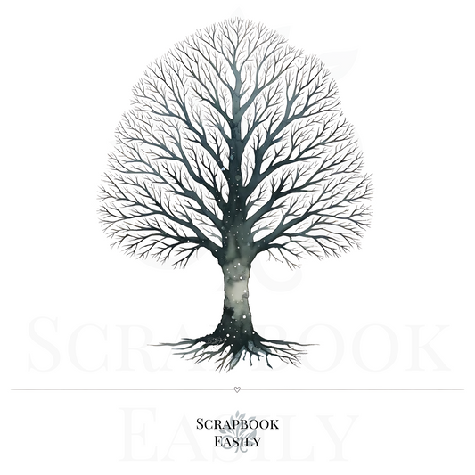 Elegant digital illustration of an English Yew Tree, featuring detailed branches & a robust trunk against a subtle backdrop. Perfect for scrapbooking, educational projects, & nature-themed decor. Suitable for personalisation with watercolour pencils & ideal for creating fingerprint tree art for special occasions. Available at Scrapbook Easily for various crafting needs.