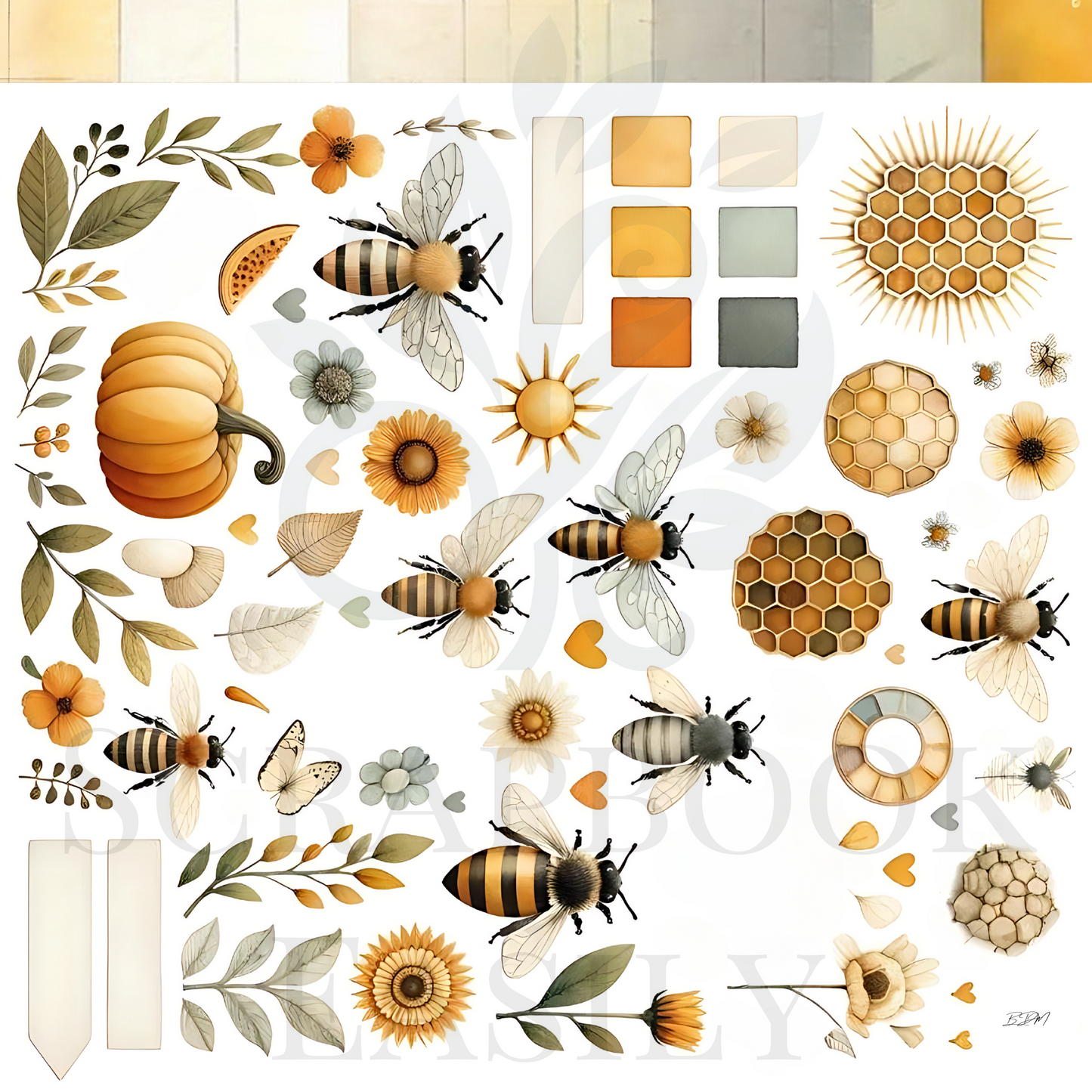 Bee & botanical ephemera decorations, with detailed illustrations of bees, pumpkins, and floral elements. Enhance your crafts at Scrapbook Easily.