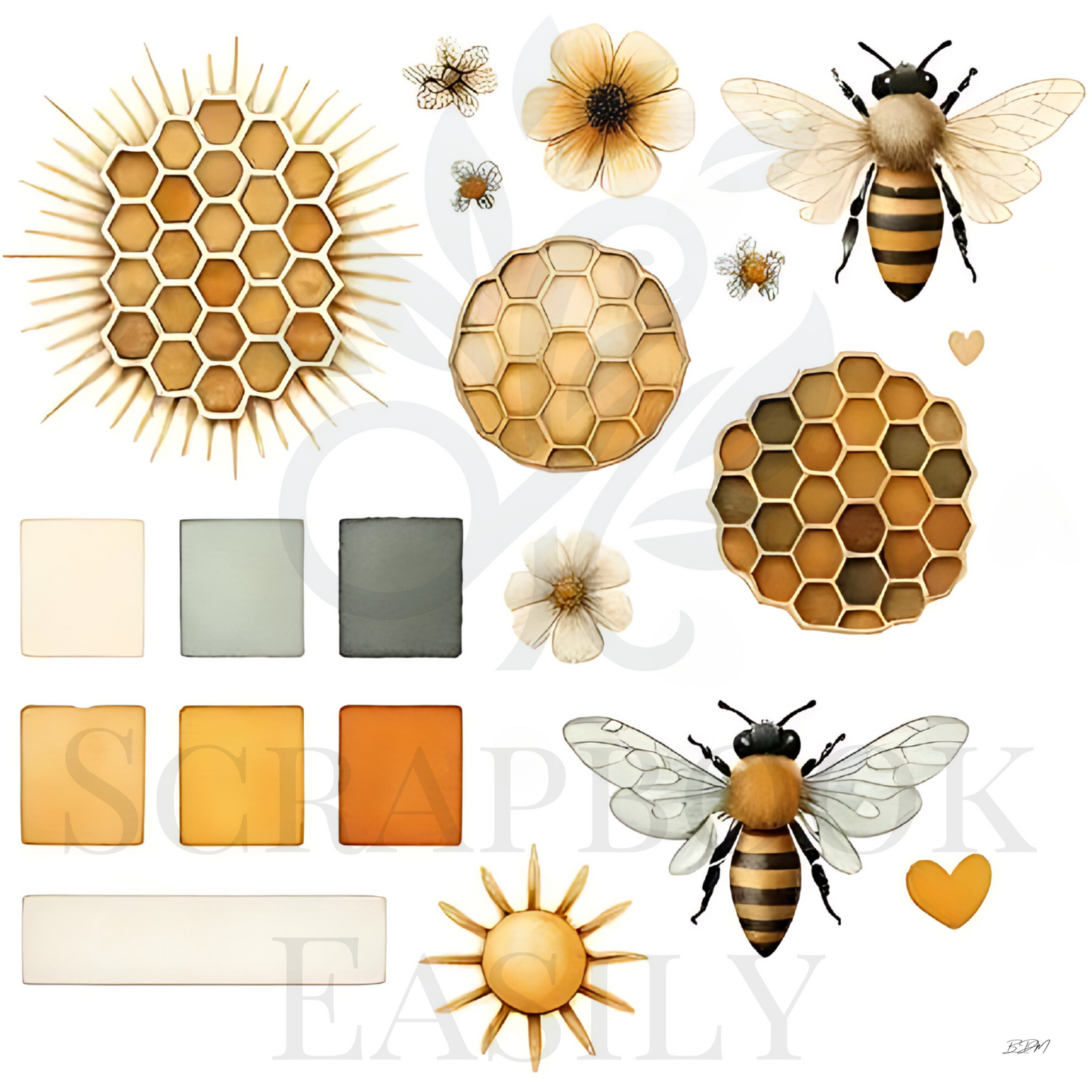 Ephemera decorations featuring detailed bees, flowers, and hexagonal designs, curated for sophisticated scrapbooking at Scrapbook Easily.