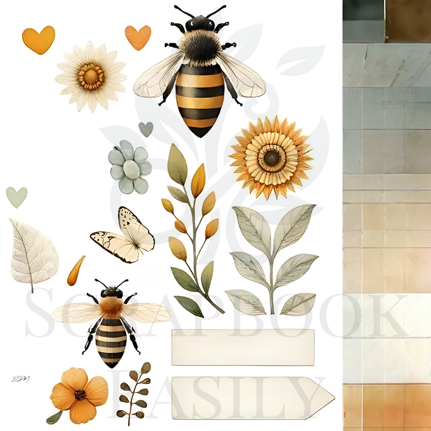 Charming ephemera decorations of bees, sunflowers, and leaves, crafted for creative expression in scrapbooking at Scrapbook Easily.