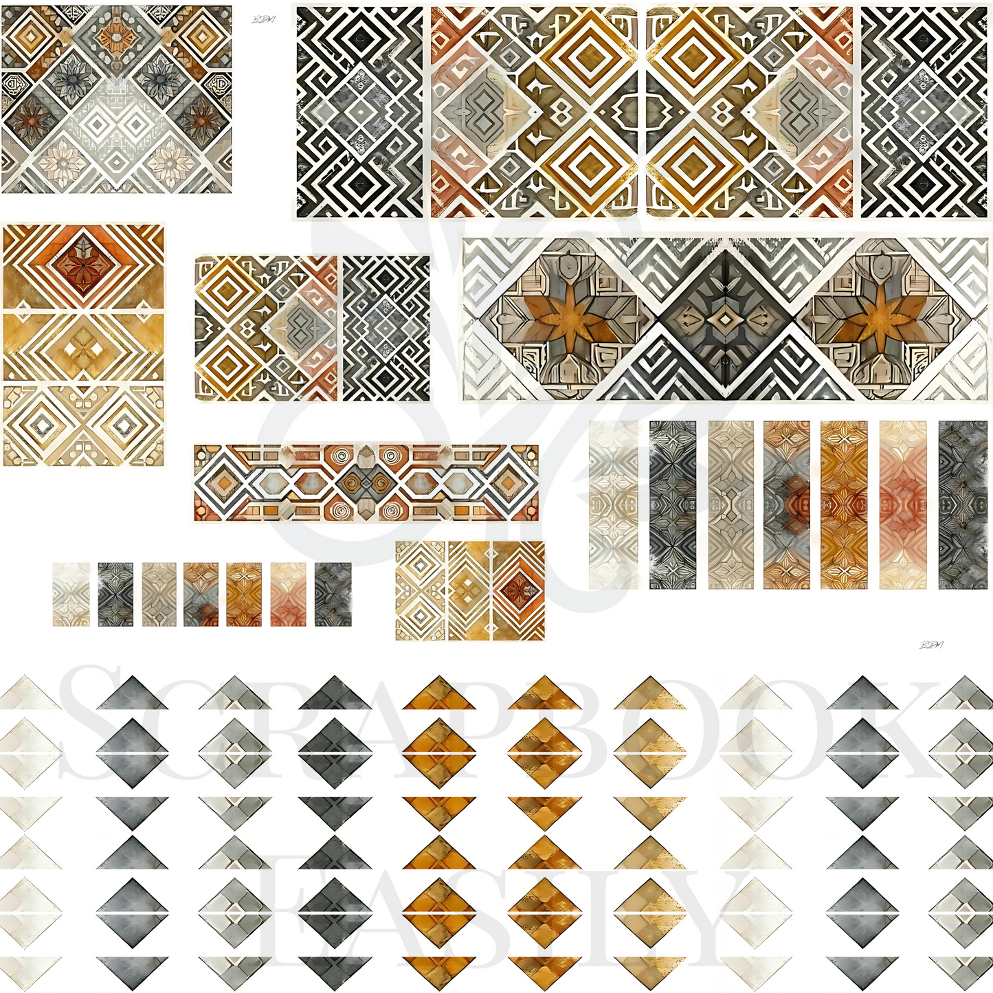 Richly patterned ephemera tiles in a palette of warm autumn colors for detailed scrapbook backgrounds.