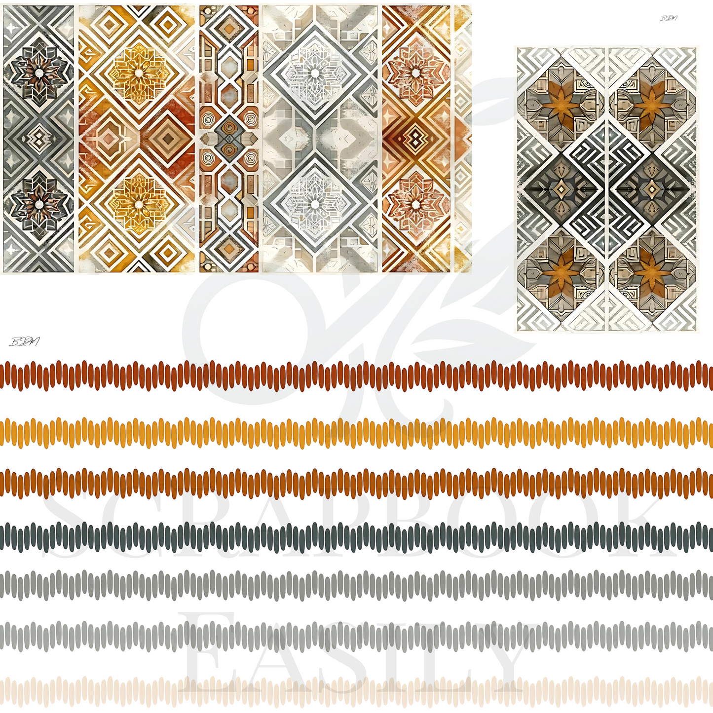 Detailed ephemera designs featuring geometric & floral motifs in autumnal shades for papercraft decorations.