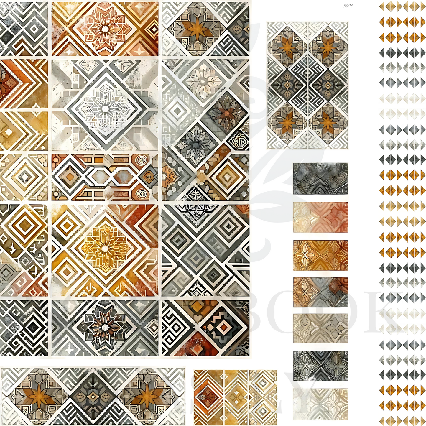 Artistic ephemera tile designs with a combination of grey, tan, & rust for dynamic scrapbook layouts.