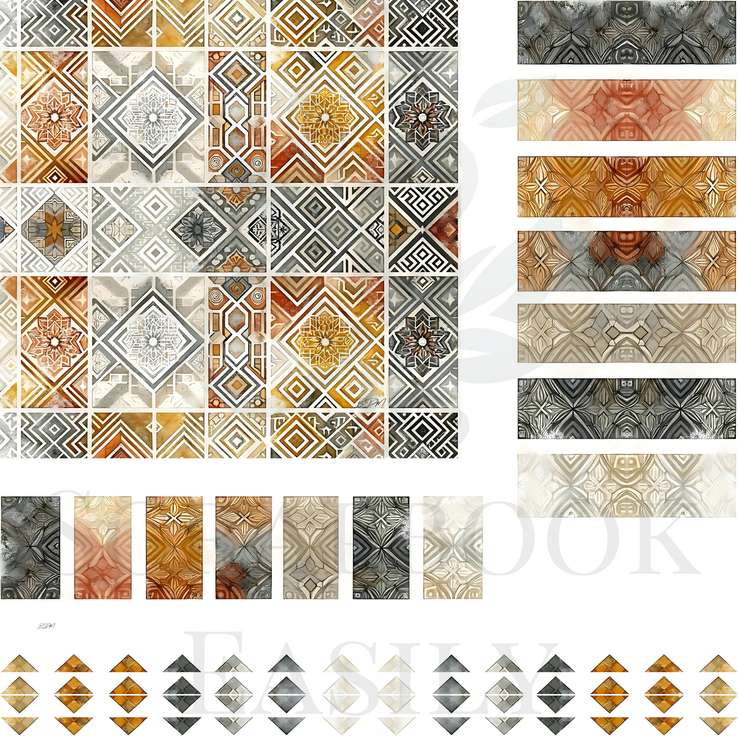 Harmonious blend of autumn colors in geometric shapes, ideal for creative ephemera papercrafts.