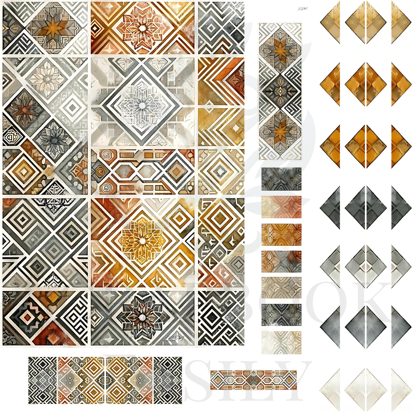 Richly colored ephemera patchwork tiles with striking patterns, suitable for elegant scrapbooking.