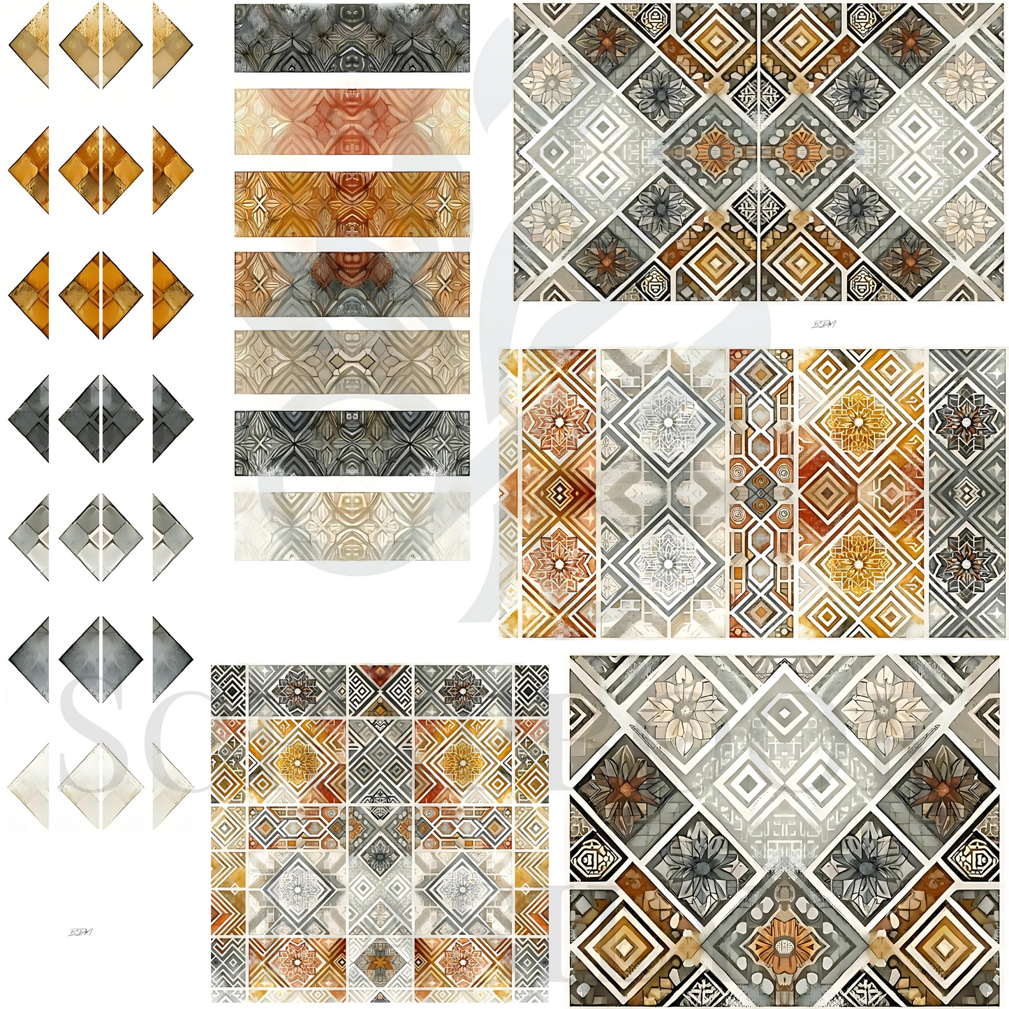 Autumnal tones in unique ephemera patchwork patterns, adding a rustic touch to your papercraft decorations.