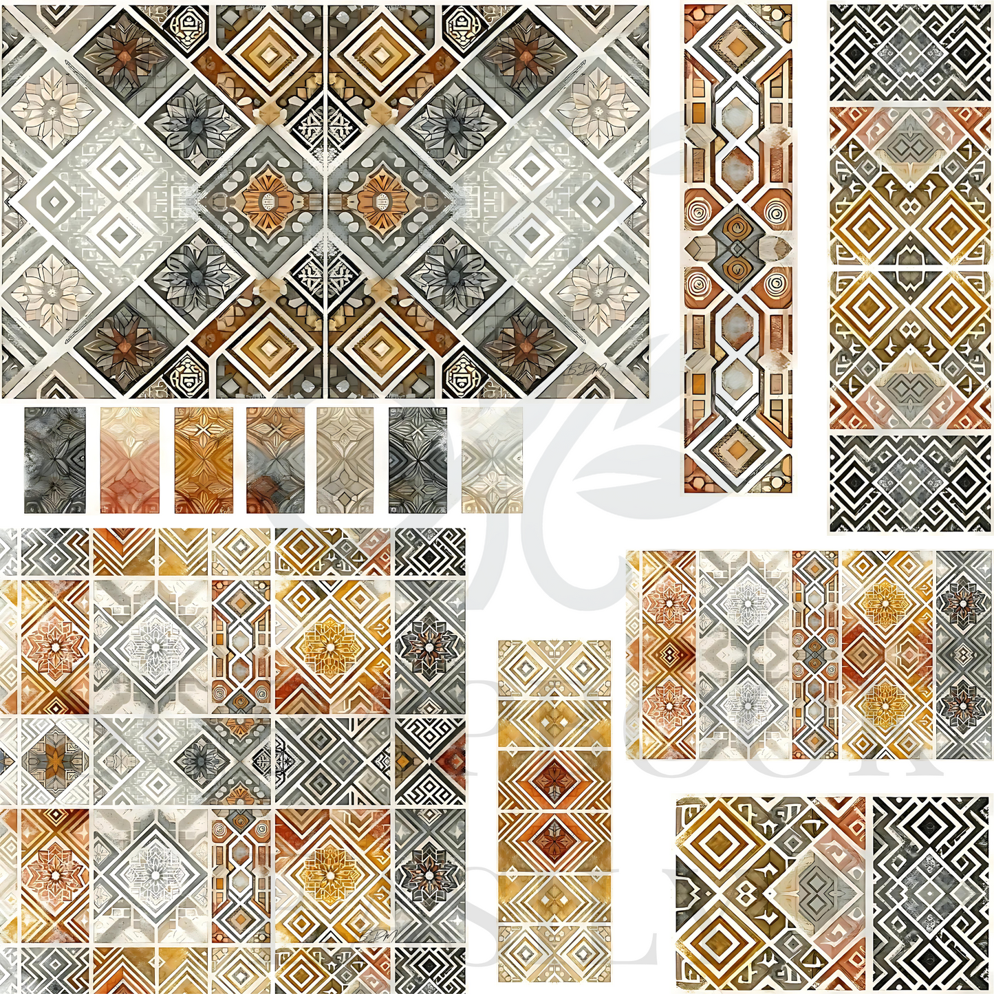 Mix of grey shades & rustic elements in ephemera patchwork, ideal for versatile scrapbooking uses.